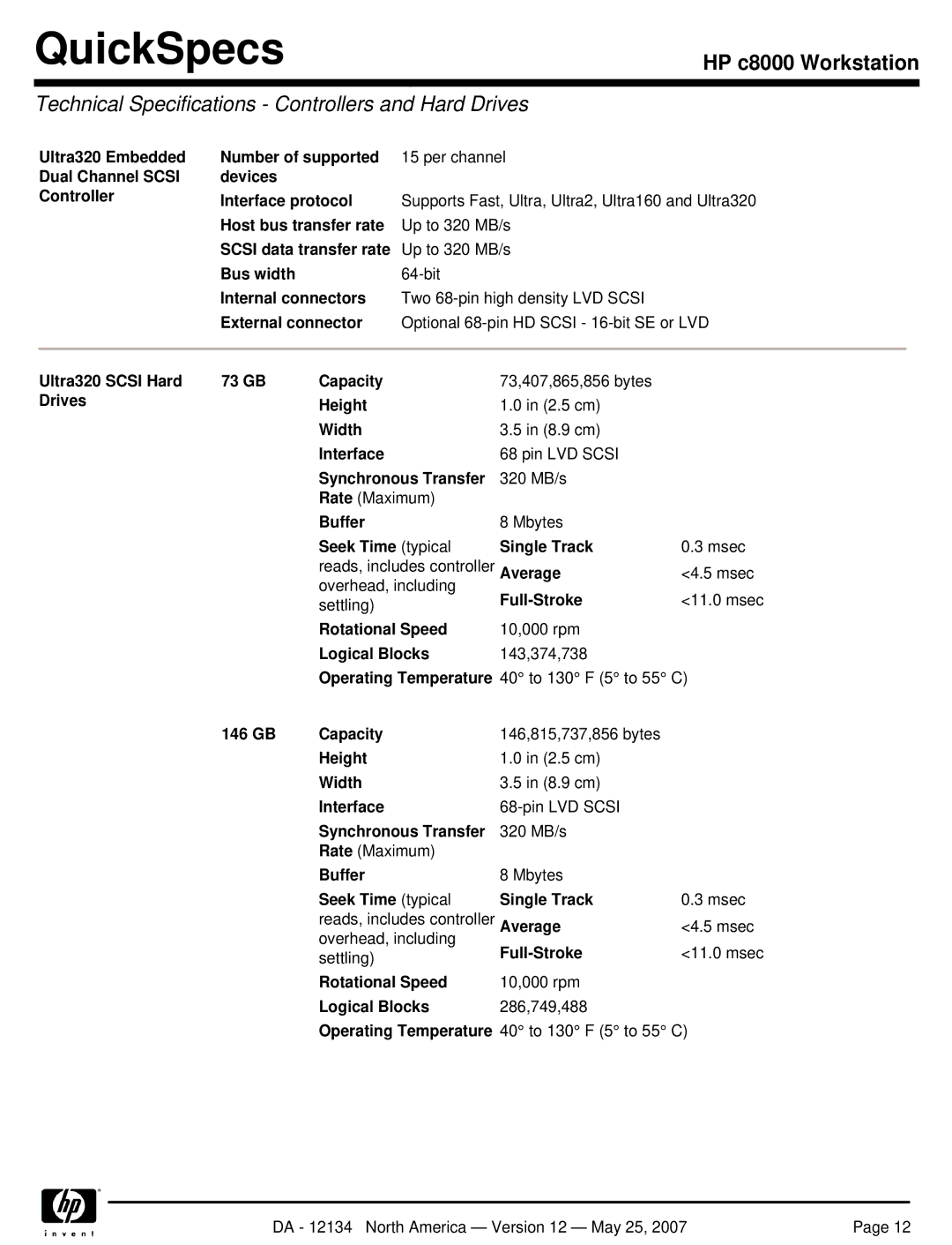 HP c8000 manual Technical Specifications Controllers and Hard Drives 