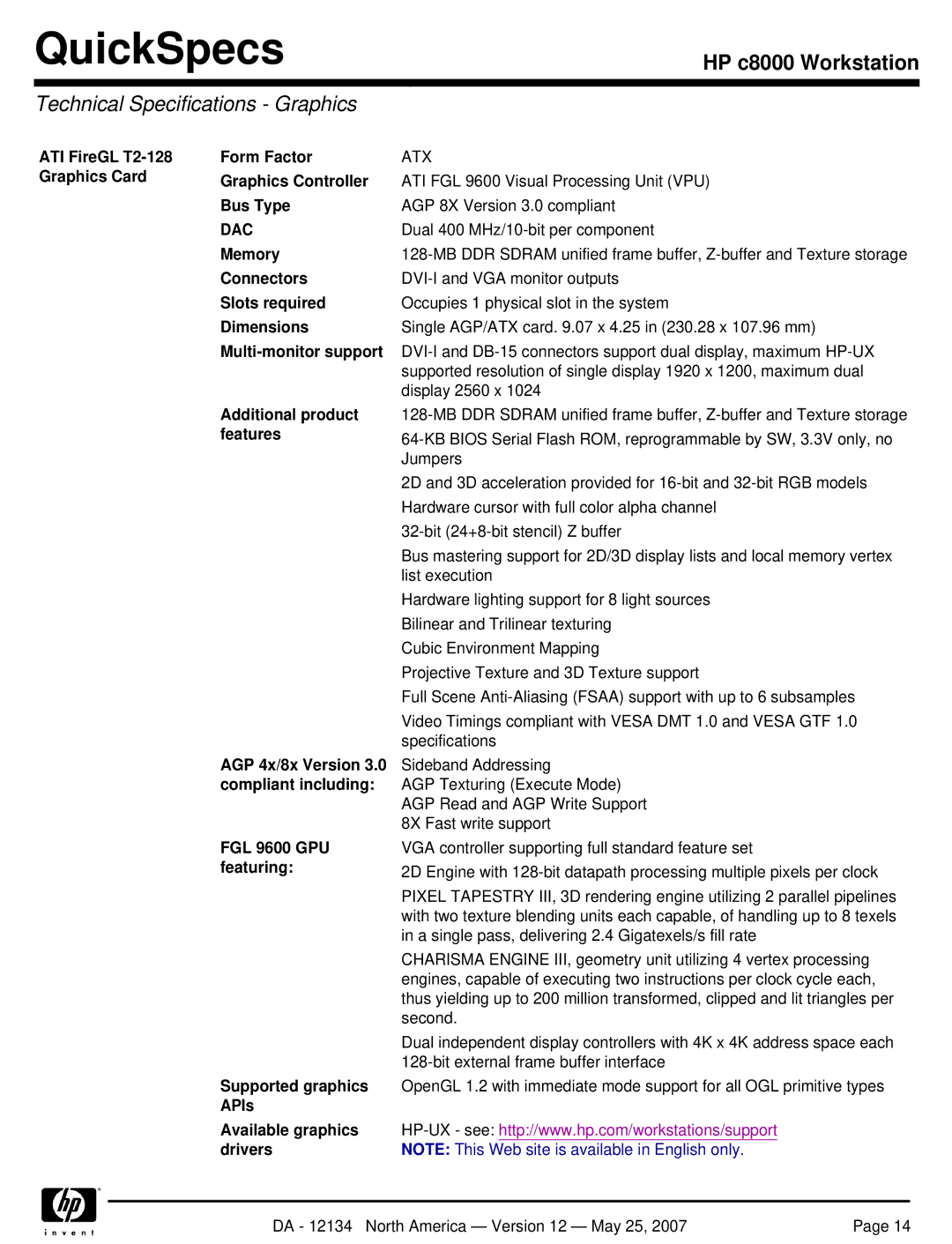 HP c8000 manual Technical Specifications Graphics 