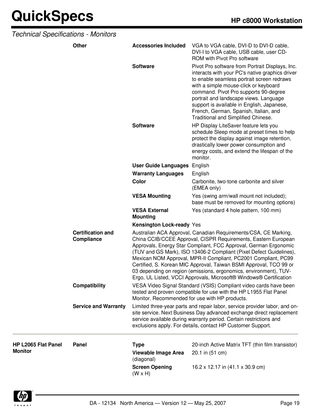 HP c8000 Other Accessories Included, Software, User Guide Languages, Warranty Languages, Color, Vesa Mounting, Compliance 