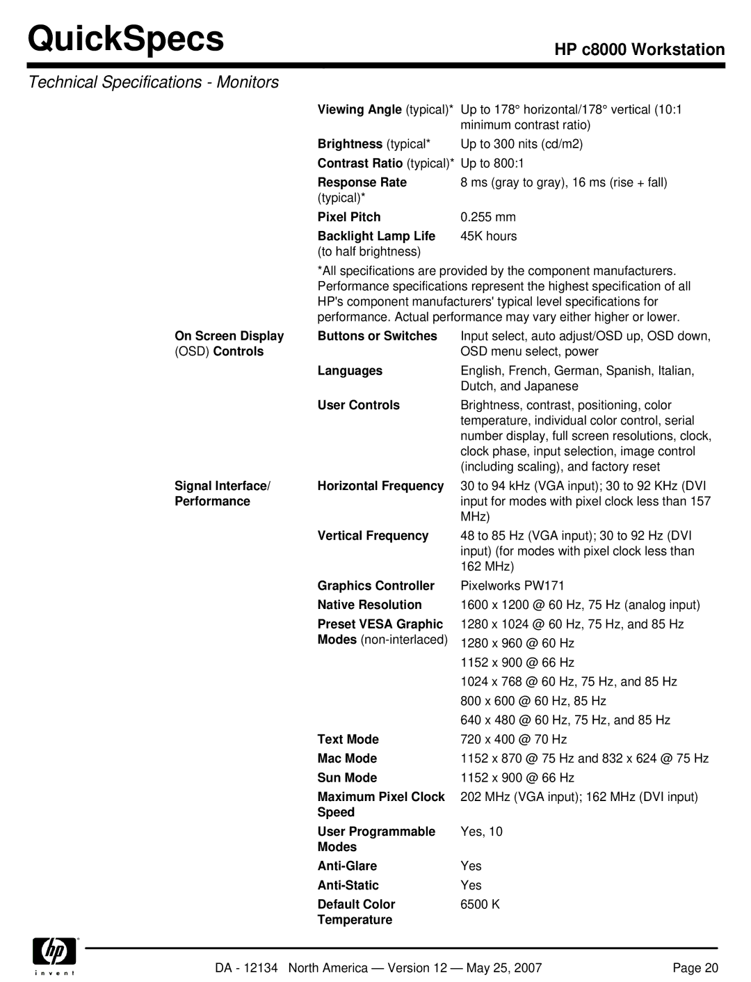 HP c8000 Response Rate, Backlight Lamp Life, On Screen Display Buttons or Switches, Signal Interface Horizontal Frequency 