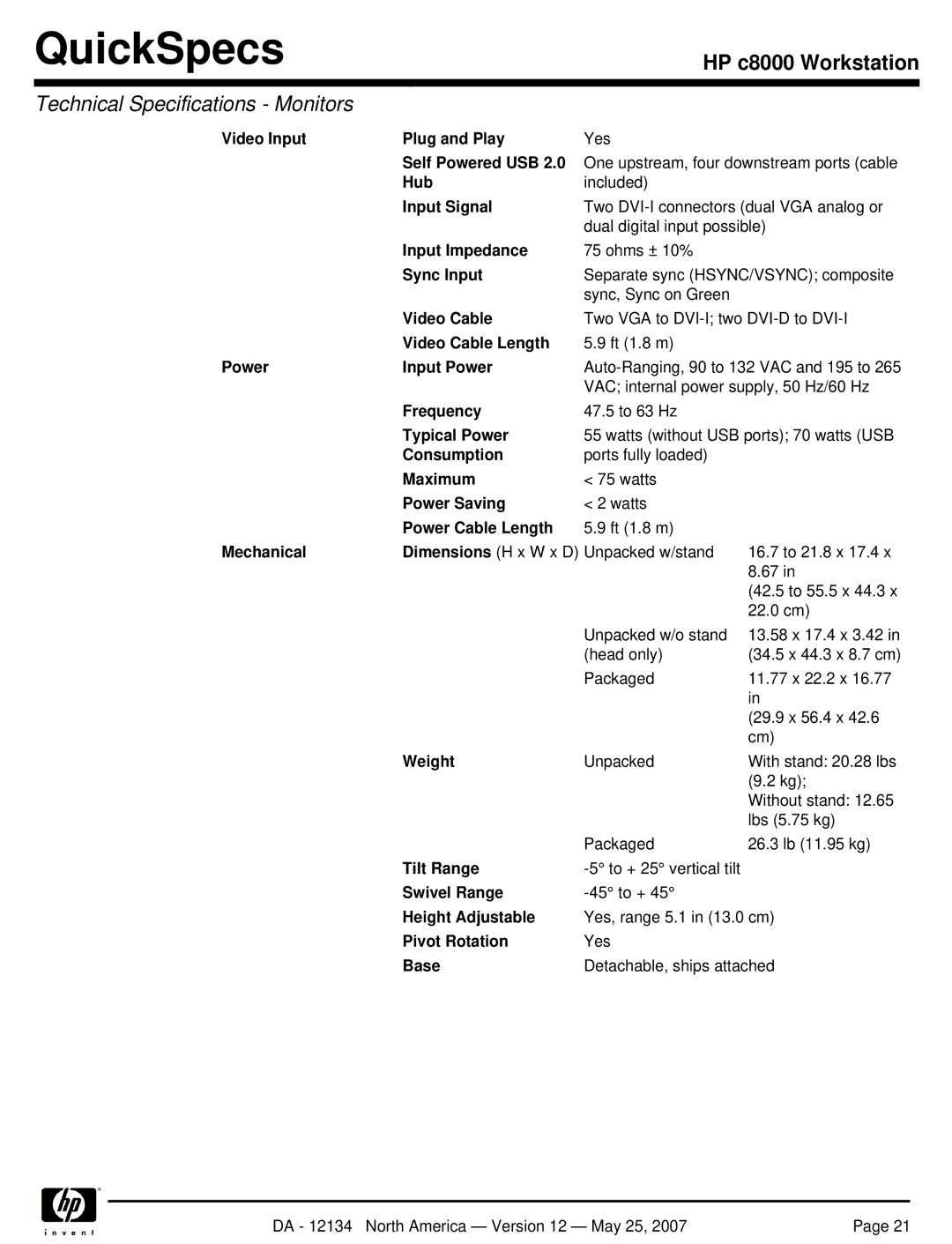 HP c8000 manual Video Input Plug and Play, Power Input Power, Consumption, Mechanical 