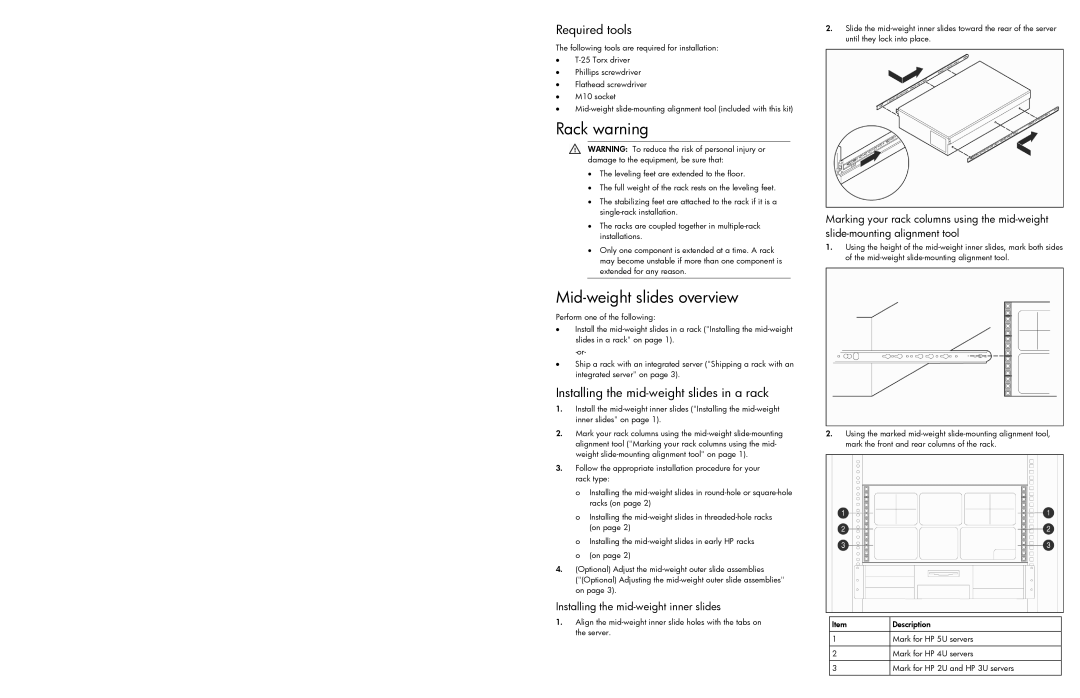 HP c8000 manual Rack warning, Mid-weight slides overview, Required tools, Installing the mid-weight slides in a rack 