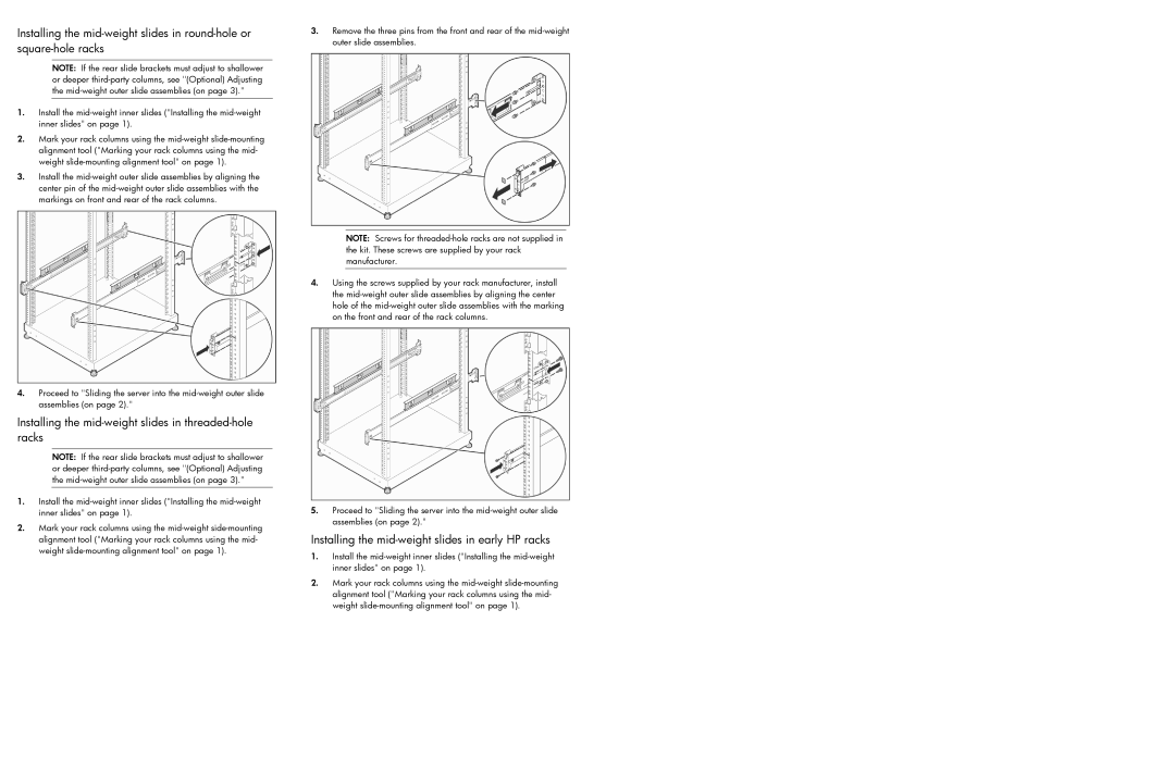 HP c8000 manual Installing the mid-weight slides in threaded-hole racks, Installing the mid-weight slides in early HP racks 