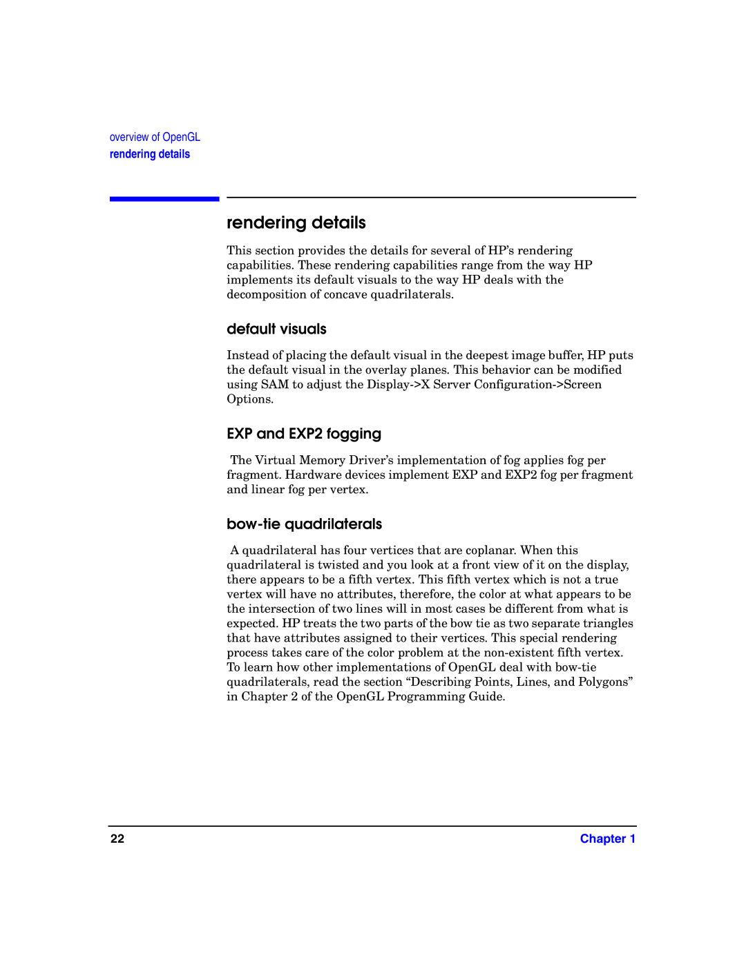 HP c8000 manual Rendering details, Default visuals, EXP and EXP2 fogging, Bow-tie quadrilaterals 