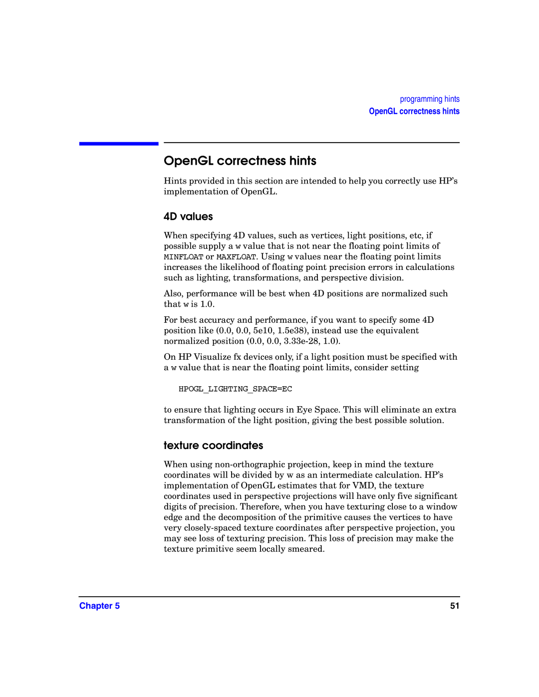 HP c8000 manual OpenGL correctness hints, 4D values, Texture coordinates 