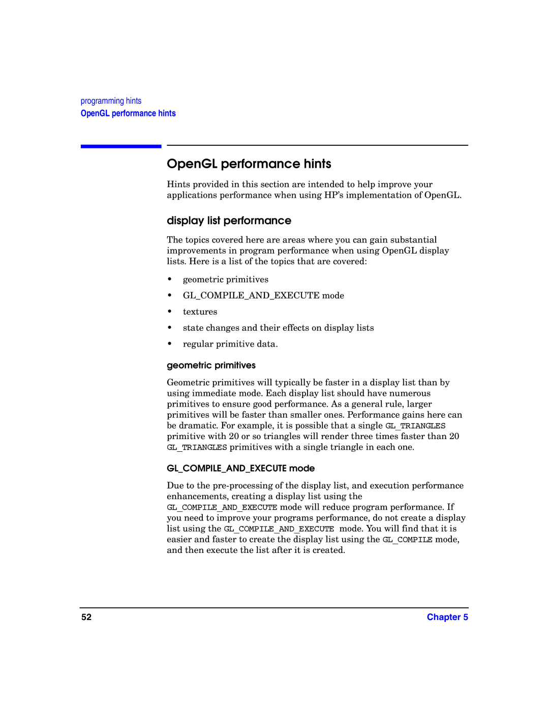 HP c8000 manual OpenGL performance hints, Display list performance, Geometric primitives, Glcompileandexecute mode 