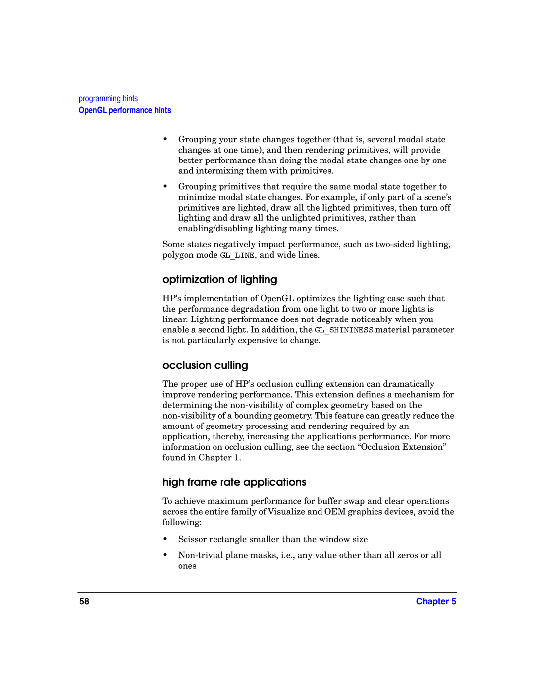 HP c8000 manual Optimization of lighting, Occlusion culling, High frame rate applications 