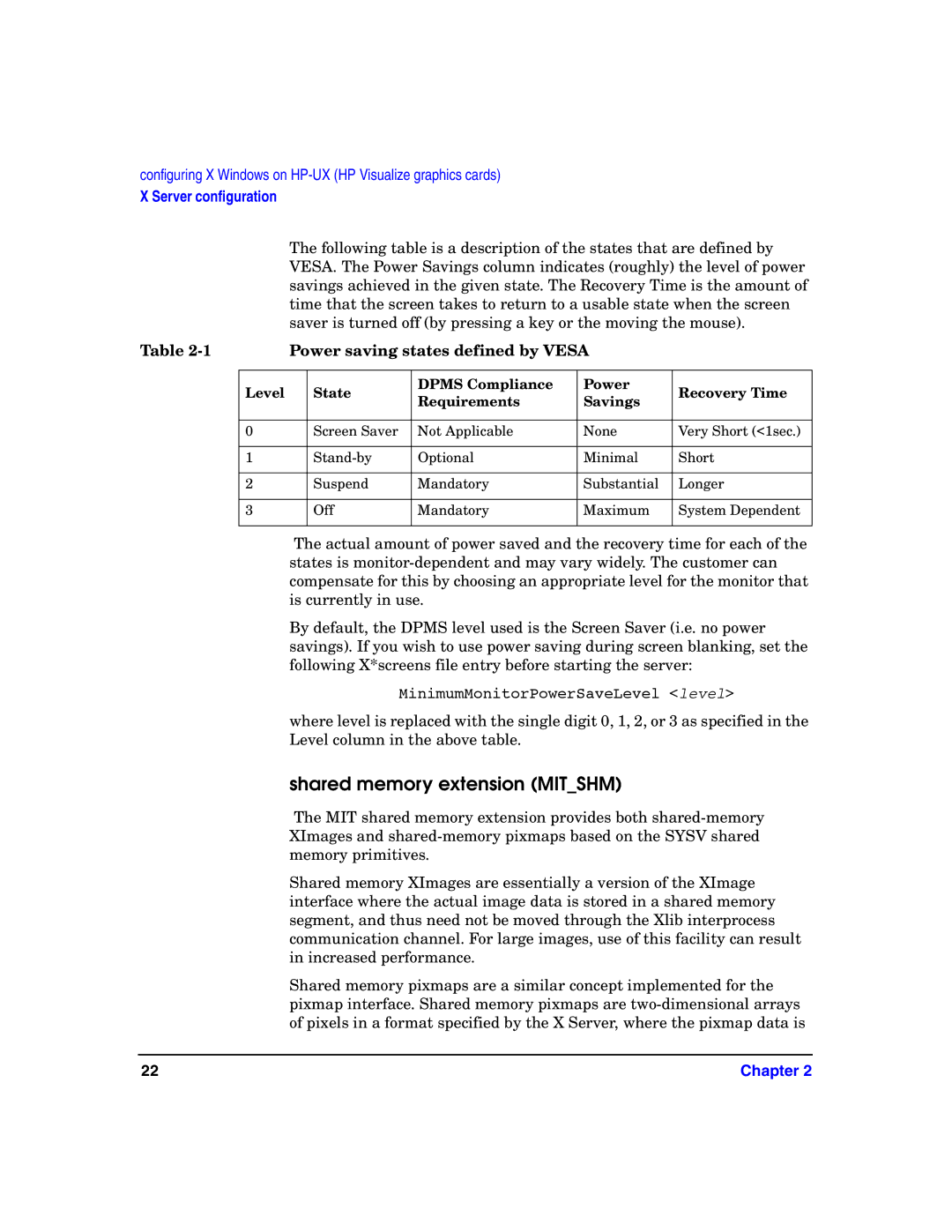 HP c8000 manual Shared memory extension Mitshm, Power saving states defined by Vesa 