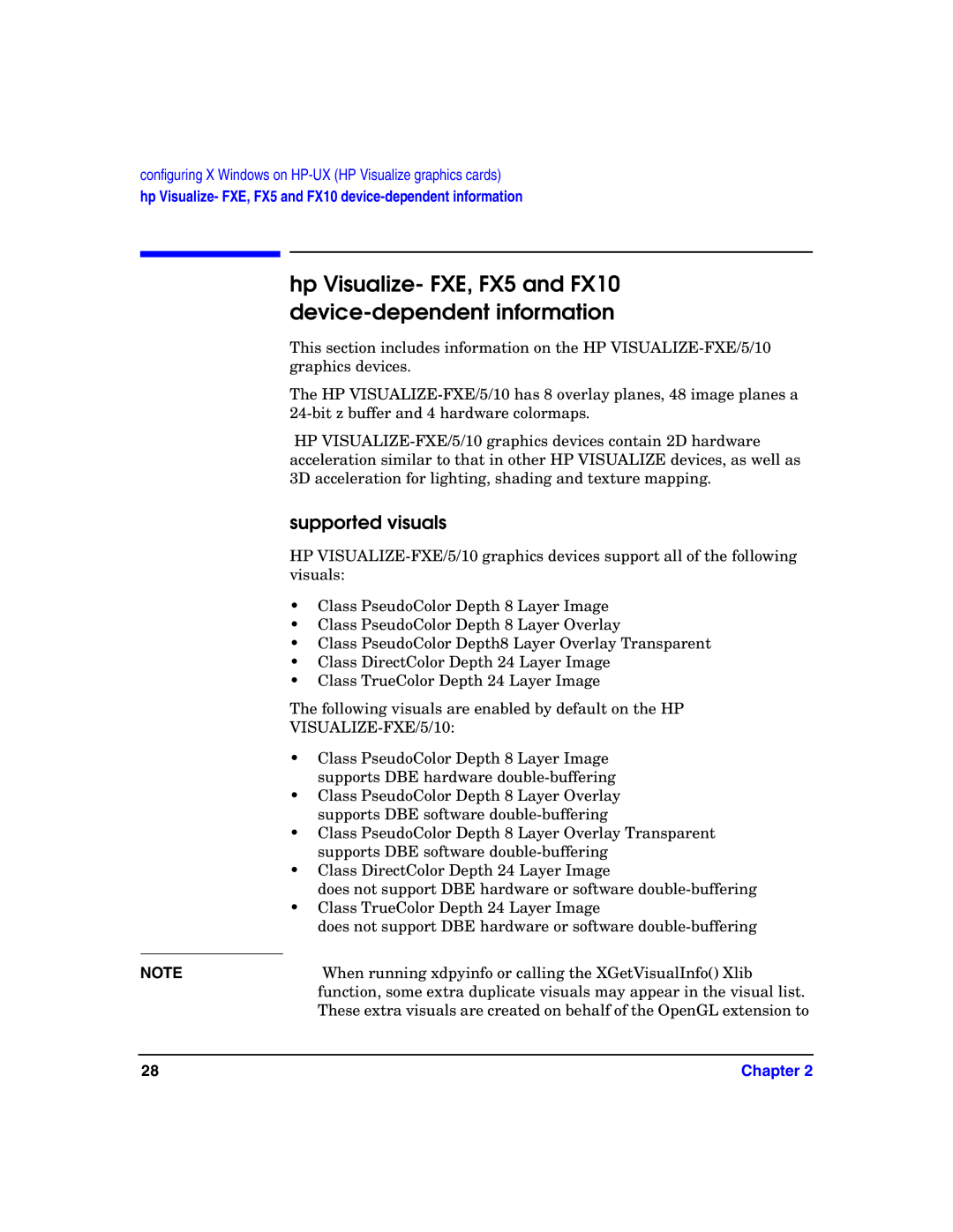 HP c8000 manual Hp Visualize- FXE, FX5 and FX10 device-dependent information, Supported visuals 