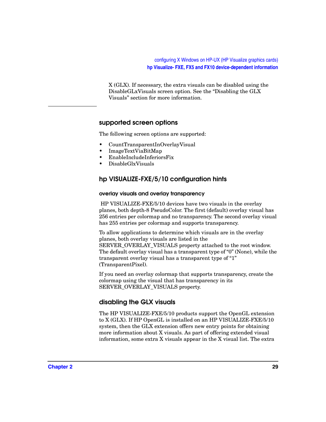 HP c8000 manual Supported screen options, Hp VISUALIZE-FXE/5/10 configuration hints, Disabling the GLX visuals 