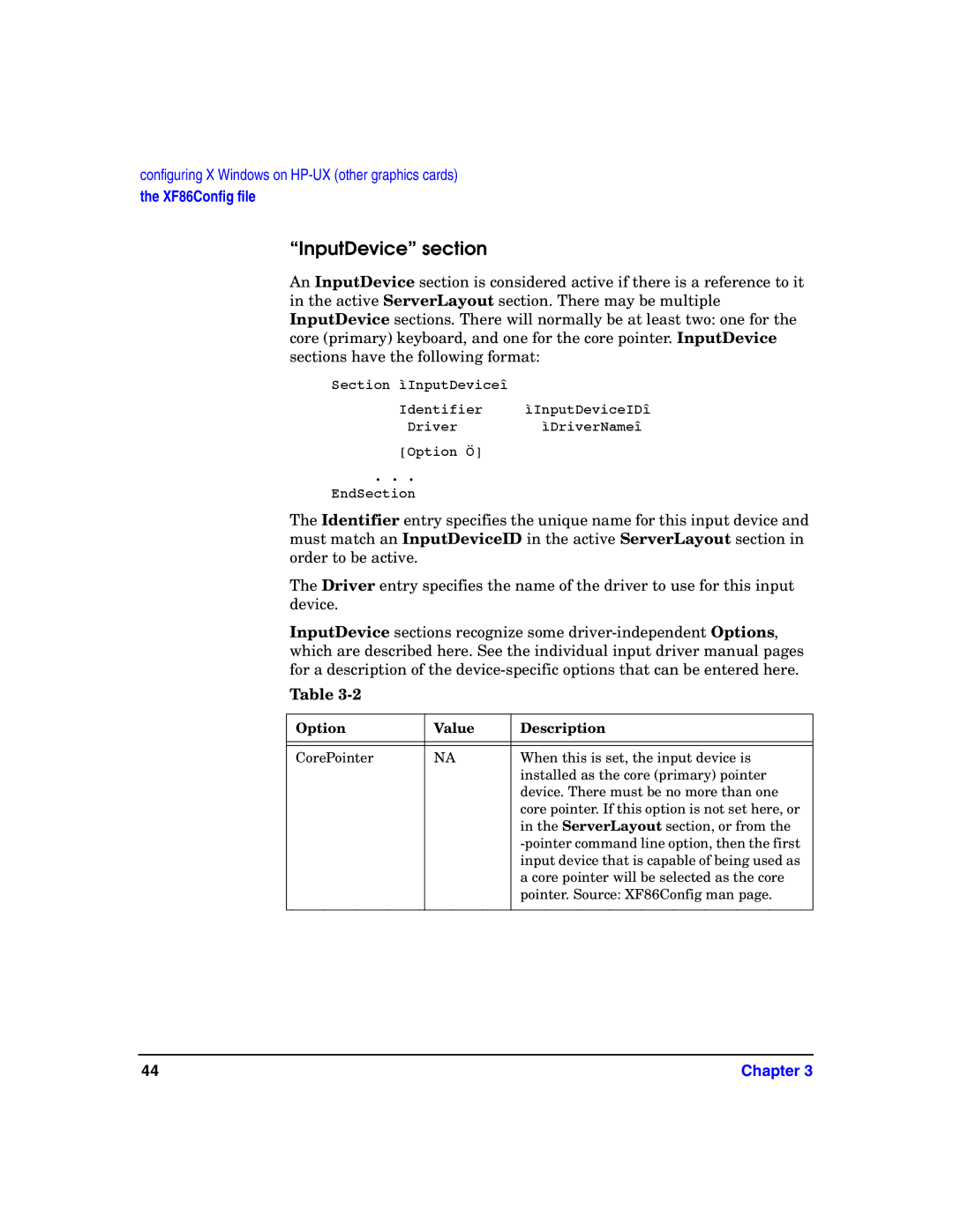 HP c8000 manual InputDevice section, Option Value Description 