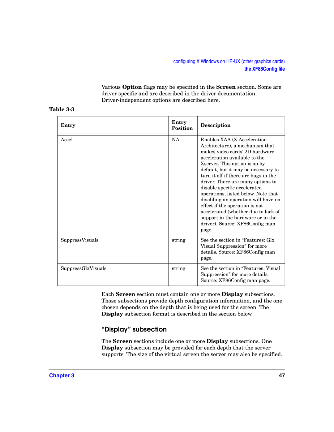 HP c8000 manual Display subsection, Entry Description Position 