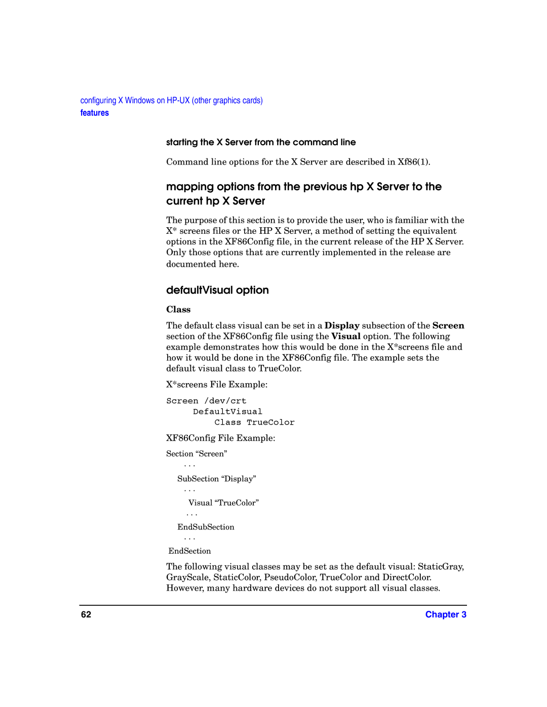 HP c8000 manual DefaultVisual option, Starting the X Server from the command line, Class 