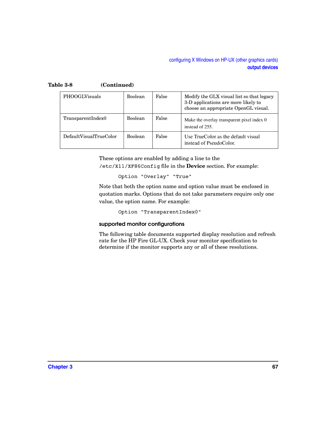 HP c8000 manual Option Overlay True Option TransparentIndex0, Supported monitor configurations 