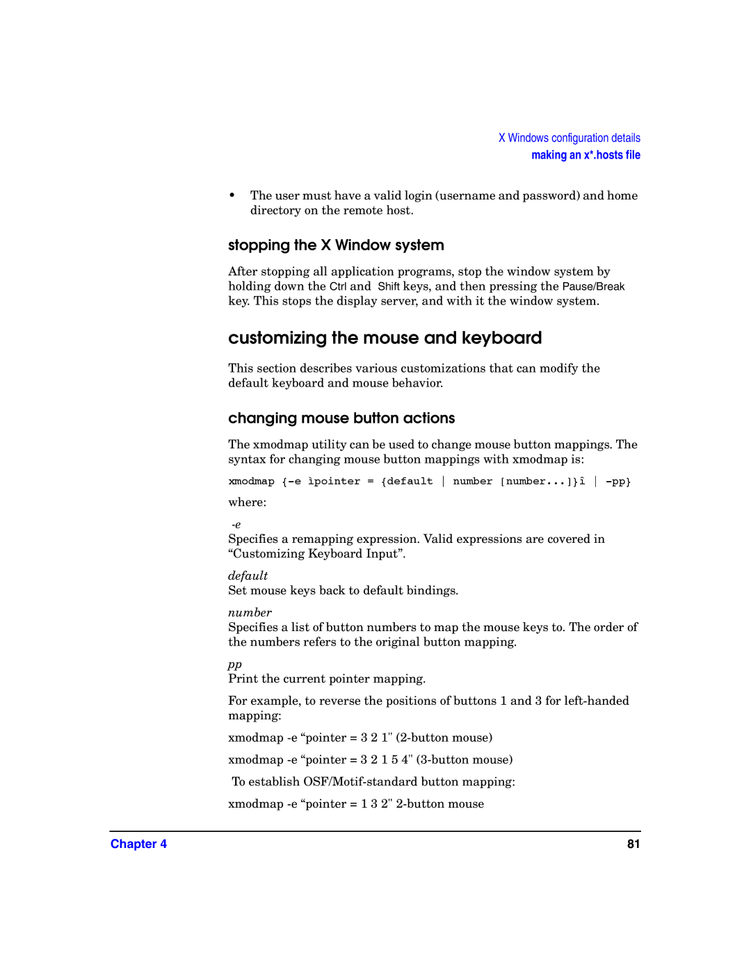 HP c8000 manual Customizing the mouse and keyboard, Stopping the X Window system, Changing mouse button actions 