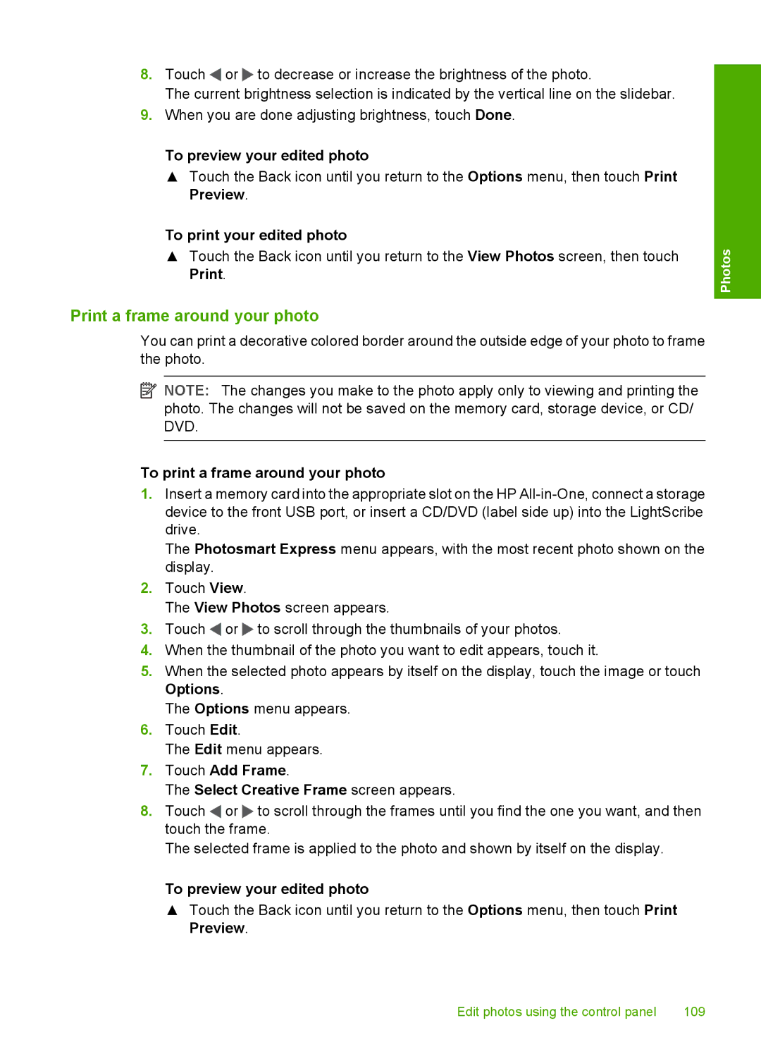 HP C8100, L2526A manual Print a frame around your photo, To preview your edited photo, To print your edited photo 