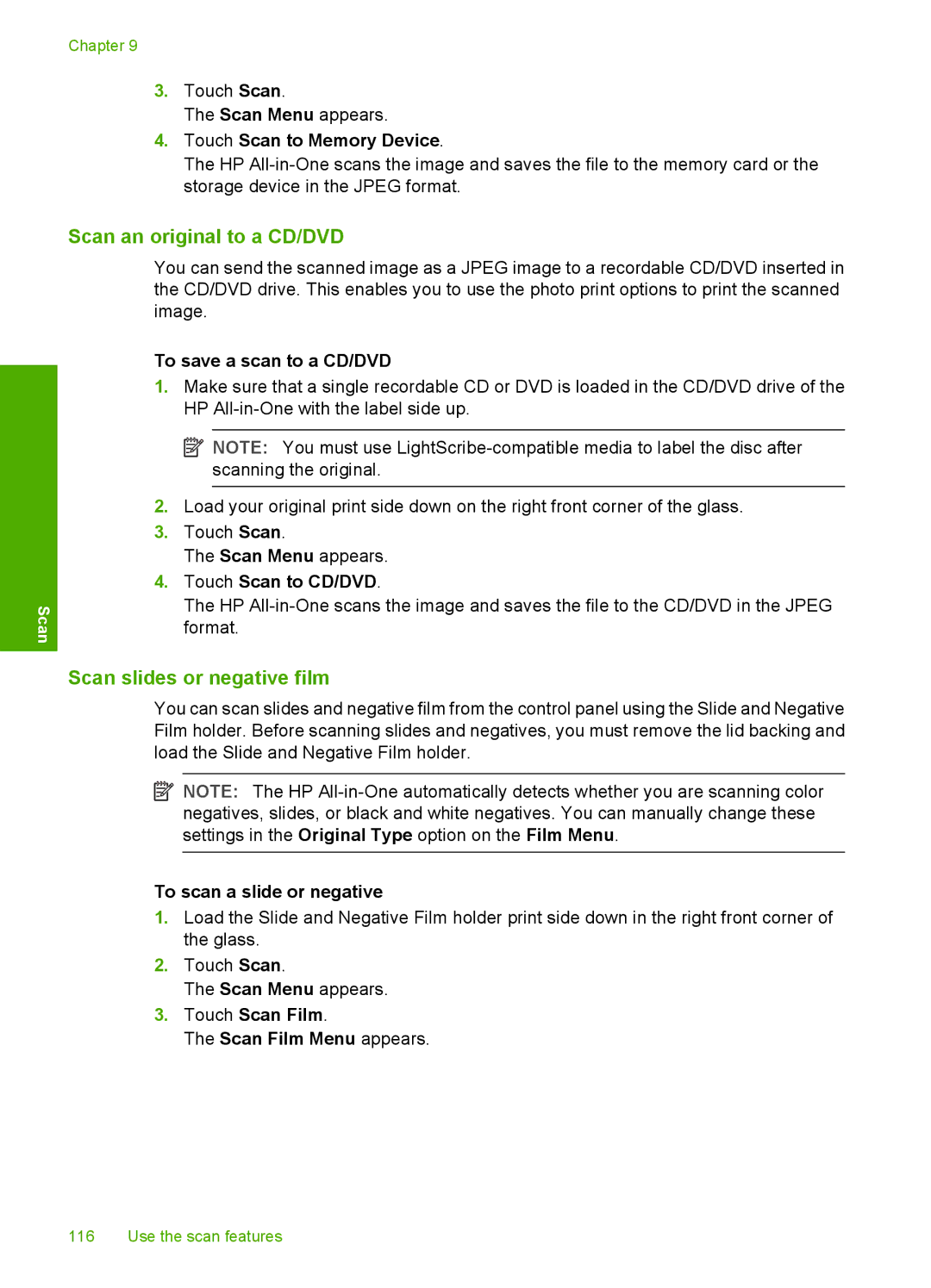 HP L2526A, C8100 manual Scan an original to a CD/DVD, Scan slides or negative film 