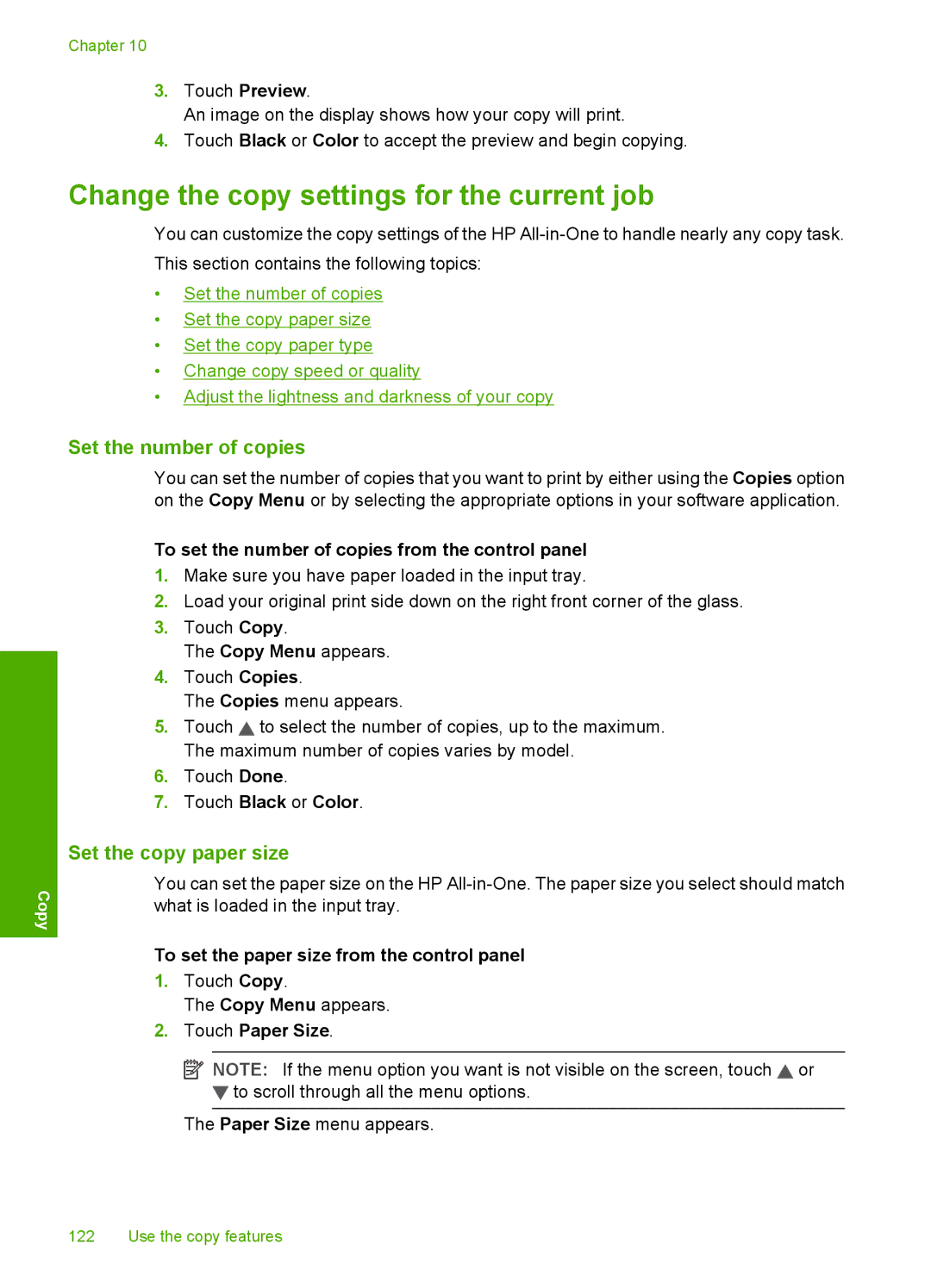 HP L2526A, C8100 manual Change the copy settings for the current job, Set the number of copies, Set the copy paper size 