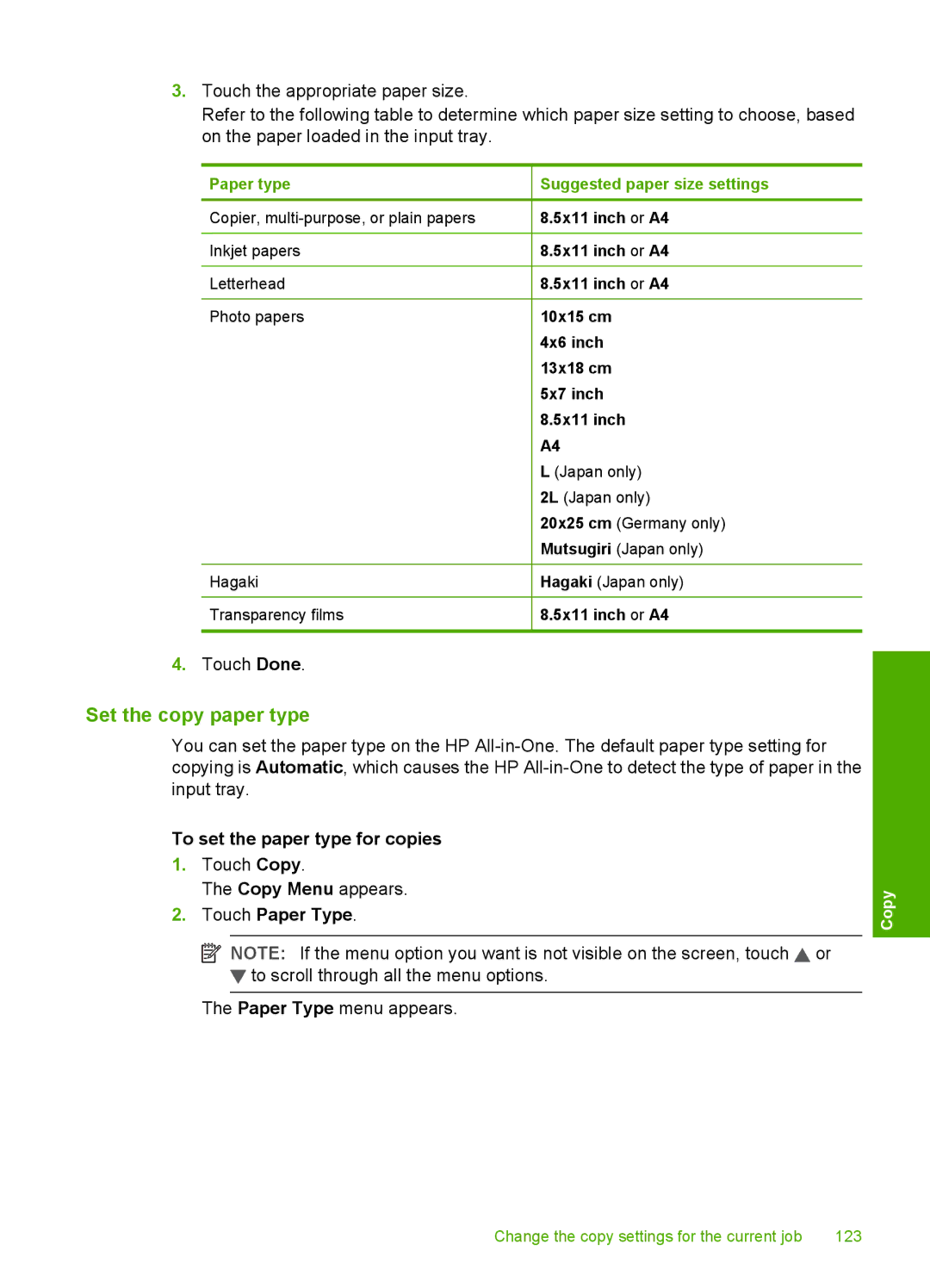 HP C8100, L2526A manual Set the copy paper type, To set the paper type for copies, Touch Paper Type 