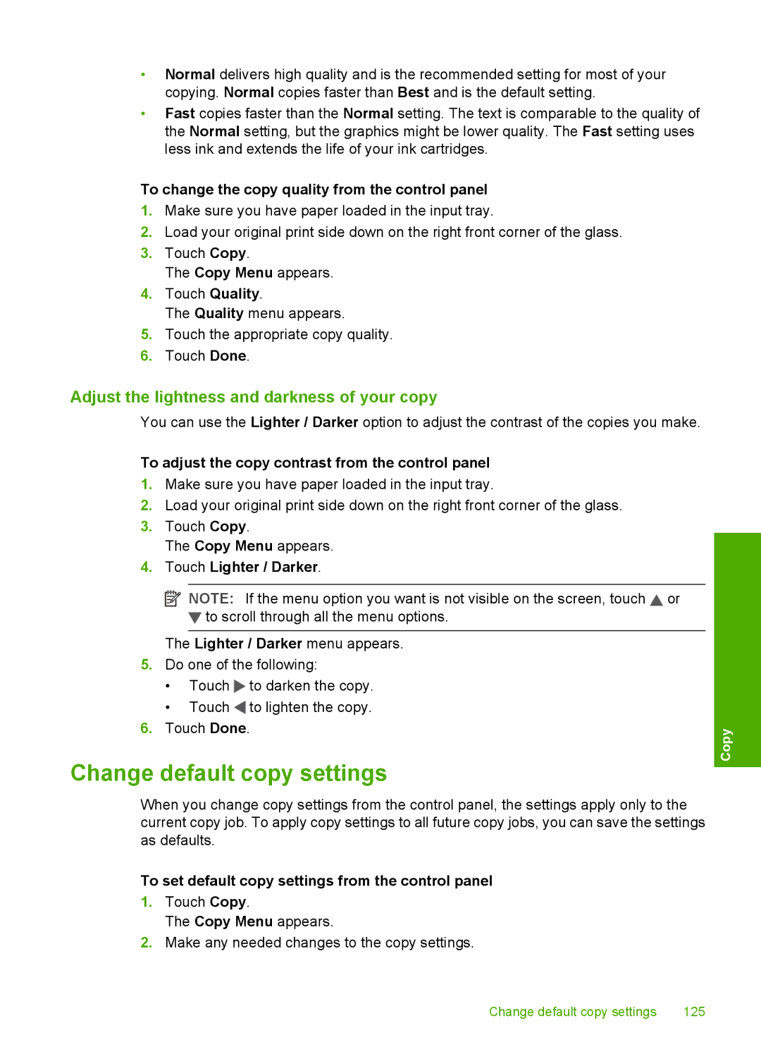 HP C8100, L2526A manual Change default copy settings, Adjust the lightness and darkness of your copy 