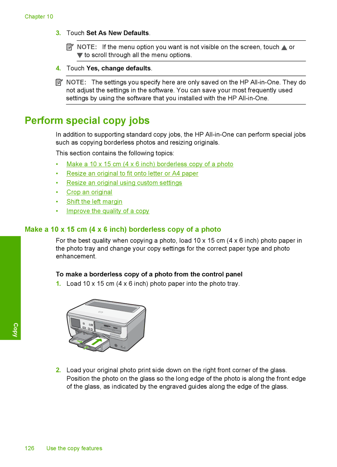 HP L2526A Perform special copy jobs, Make a 10 x 15 cm 4 x 6 inch borderless copy of a photo, Touch Set As New Defaults 