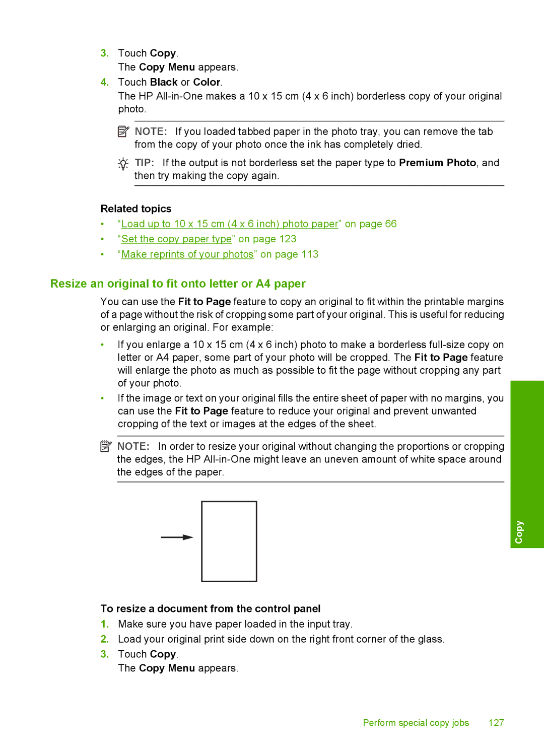 HP C8100, L2526A manual Resize an original to fit onto letter or A4 paper, To resize a document from the control panel 