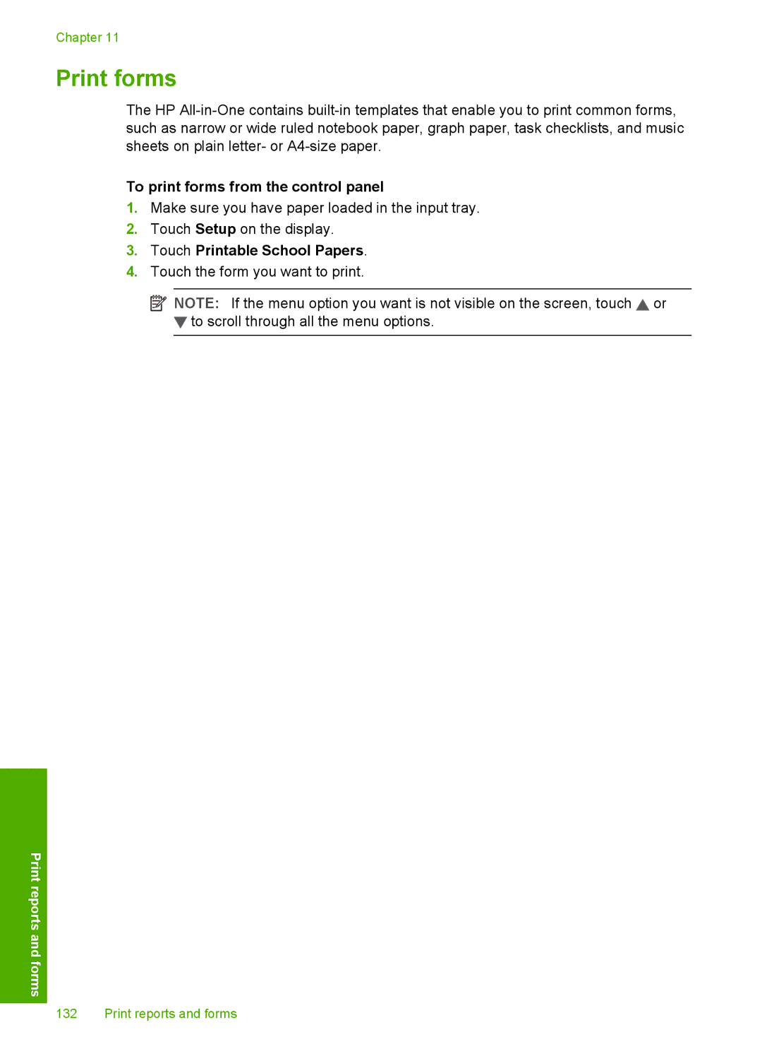 HP L2526A, C8100 manual Print forms, To print forms from the control panel, Touch Printable School Papers 