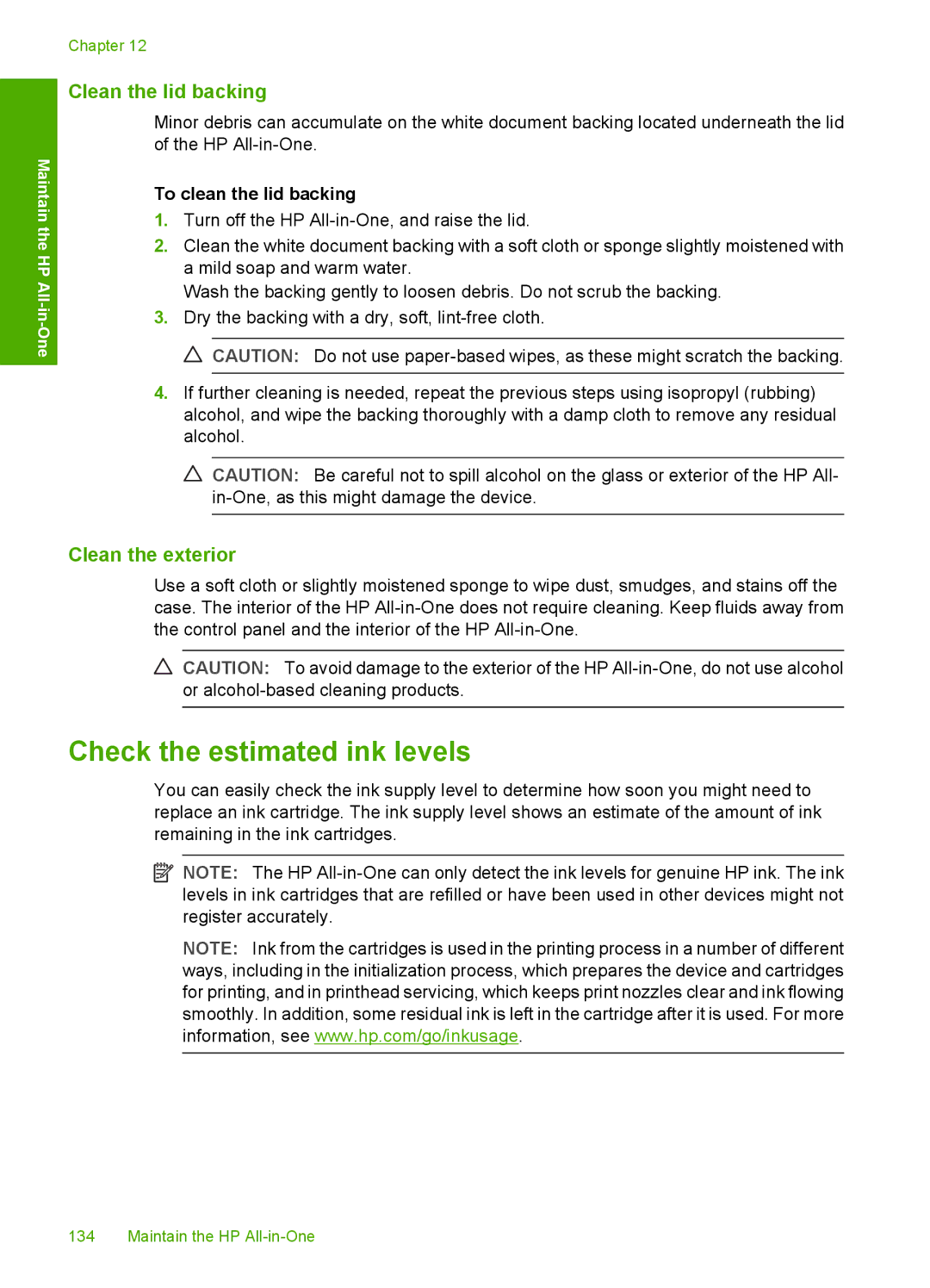 HP L2526A, C8100 manual Check the estimated ink levels, Clean the lid backing, Clean the exterior, To clean the lid backing 
