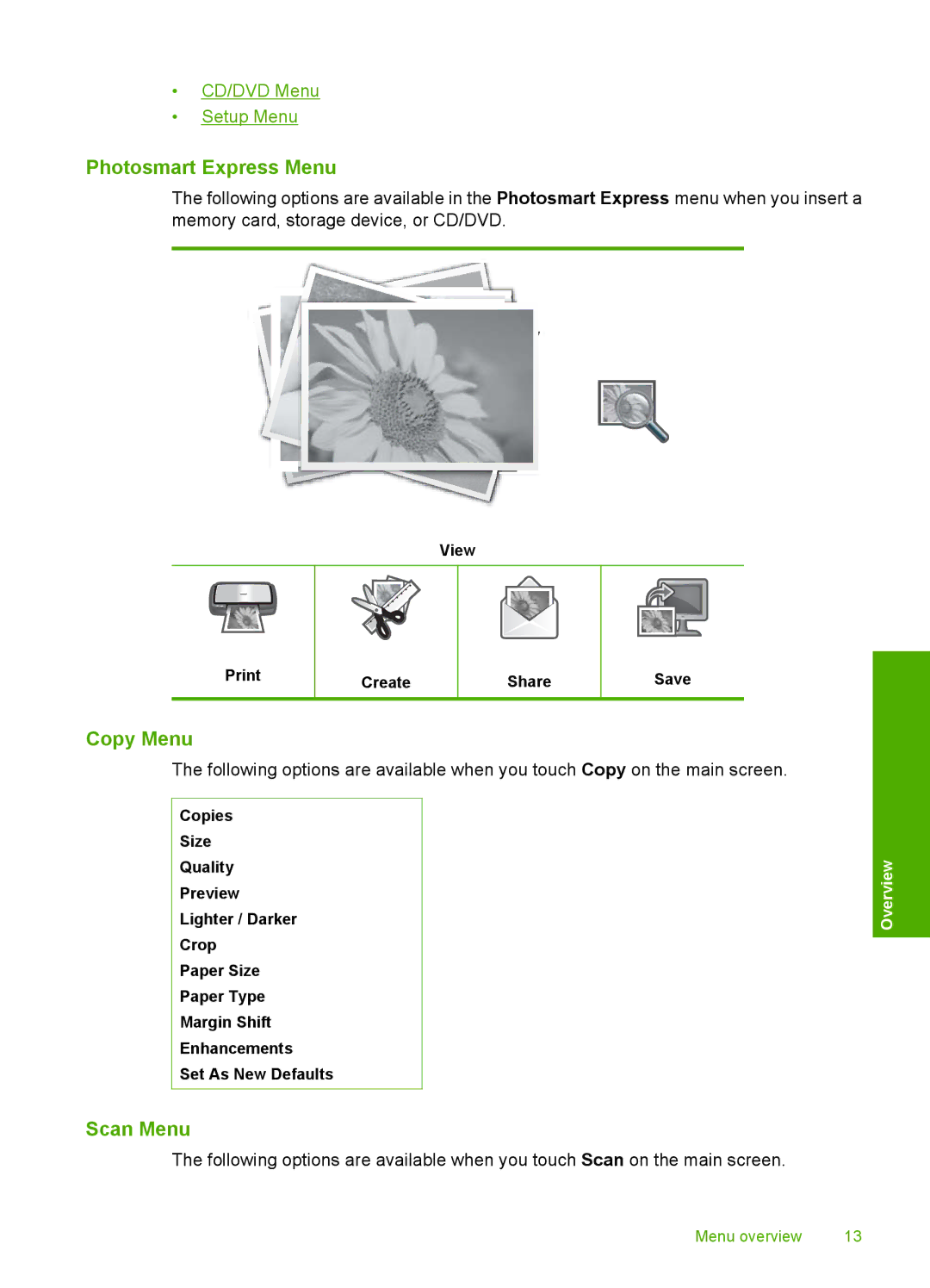 HP C8100, L2526A manual Photosmart Express Menu, Copy Menu, Scan Menu 