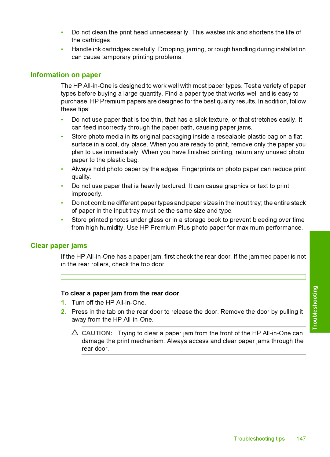 HP C8100, L2526A manual Information on paper, Clear paper jams, To clear a paper jam from the rear door 