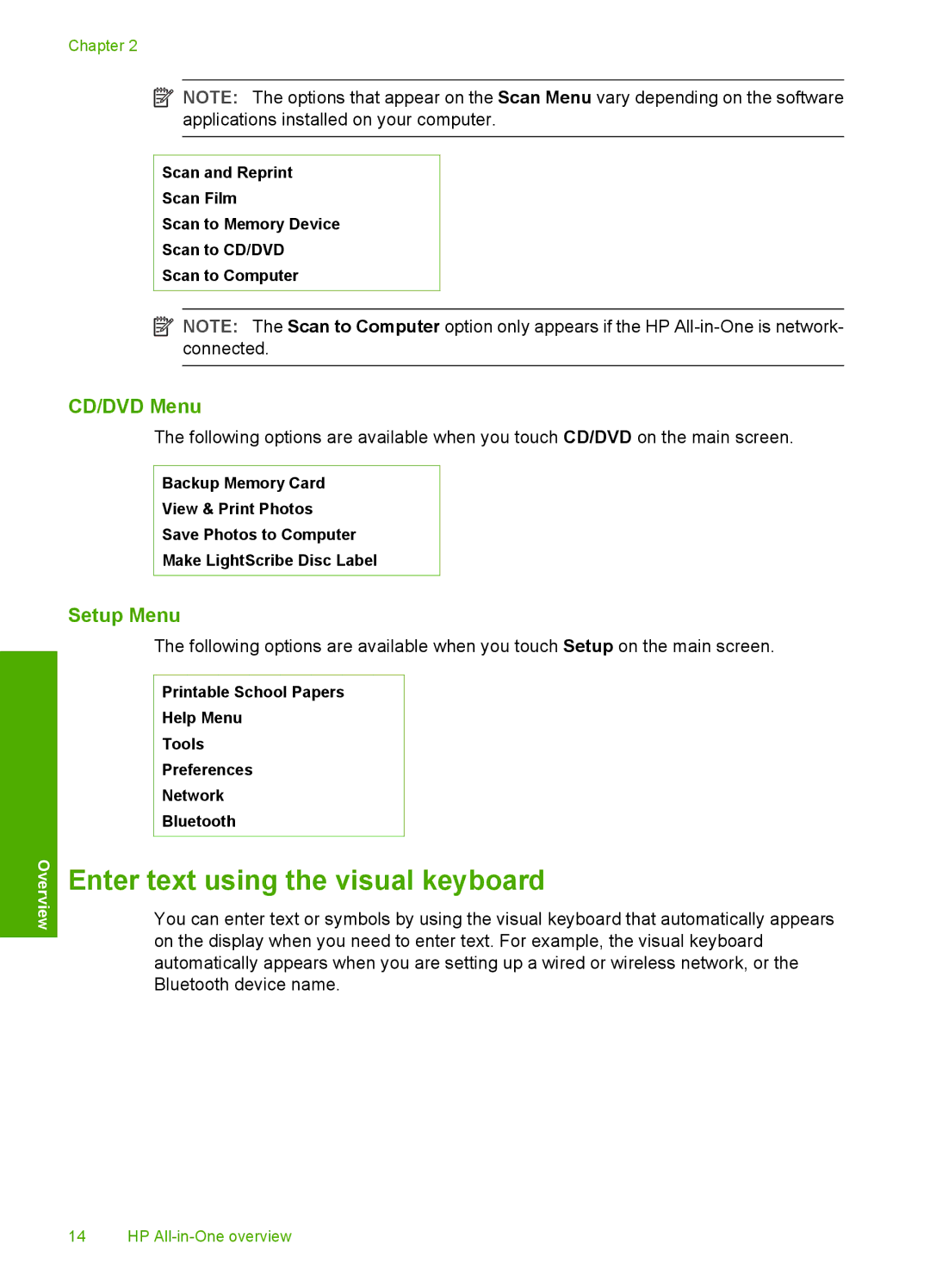 HP L2526A, C8100 manual Enter text using the visual keyboard, CD/DVD Menu, Setup Menu 