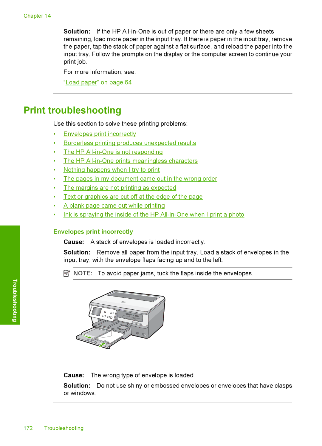 HP L2526A, C8100 manual Print troubleshooting, Envelopes print incorrectly 