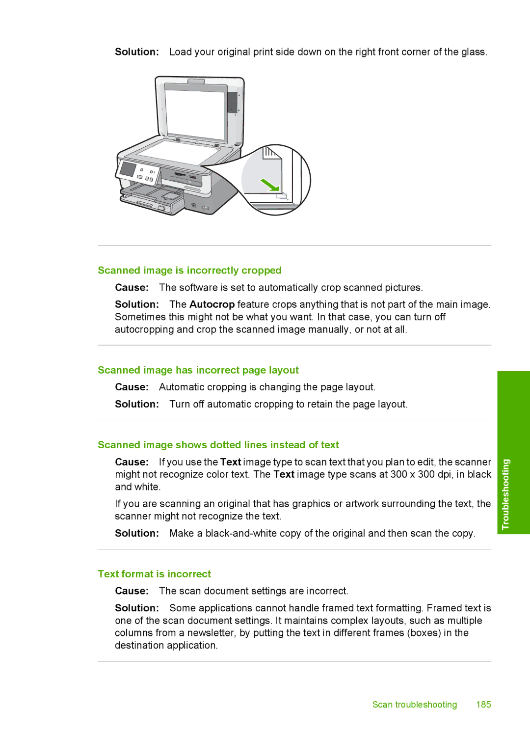 HP C8100, L2526A Scanned image is incorrectly cropped, Scanned image has incorrect page layout, Text format is incorrect 