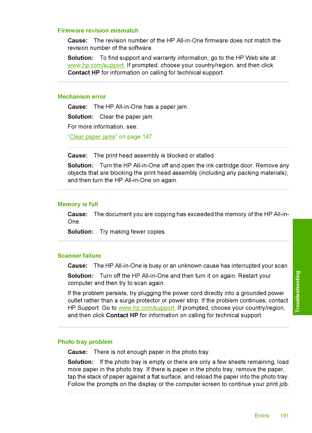 HP C8100, L2526A manual Firmware revision mismatch, Mechanism error, Memory is full, Scanner failure, Photo tray problem 