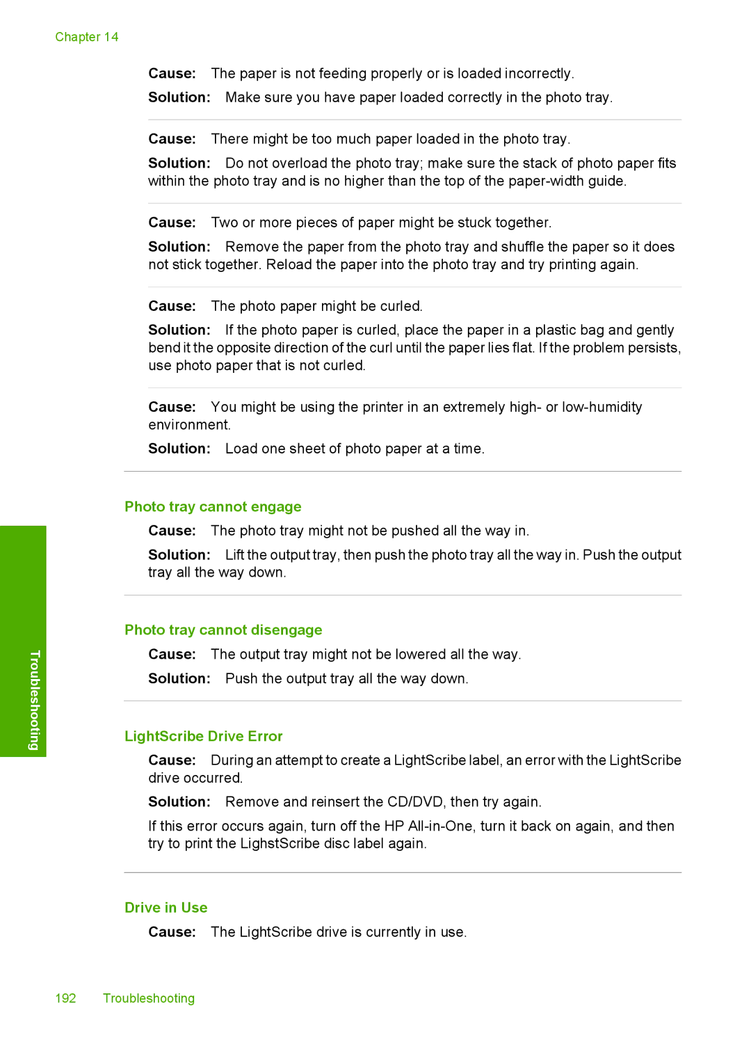 HP L2526A, C8100 manual Photo tray cannot engage, Photo tray cannot disengage, LightScribe Drive Error, Drive in Use 