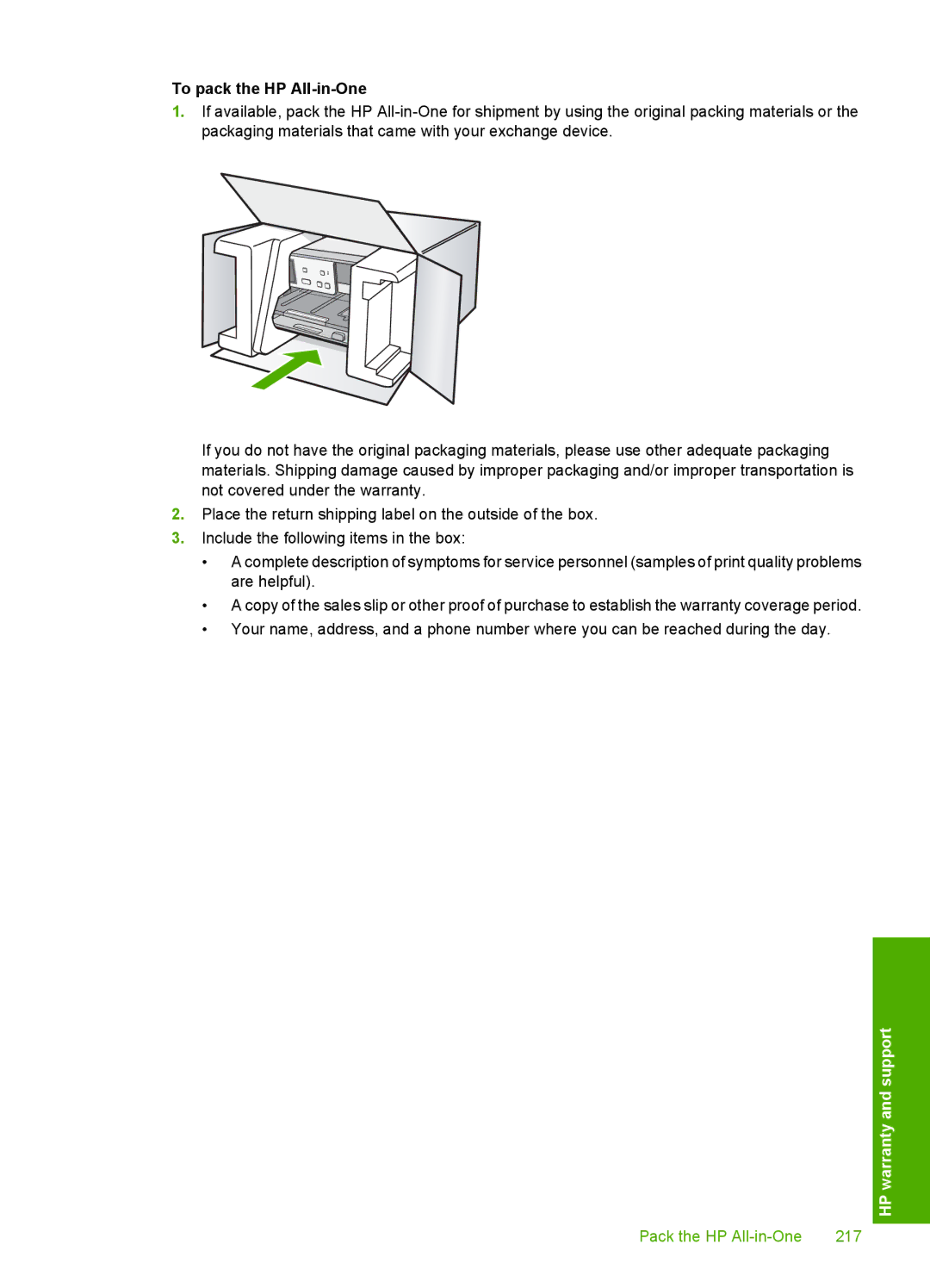 HP C8100, L2526A manual To pack the HP All-in-One 