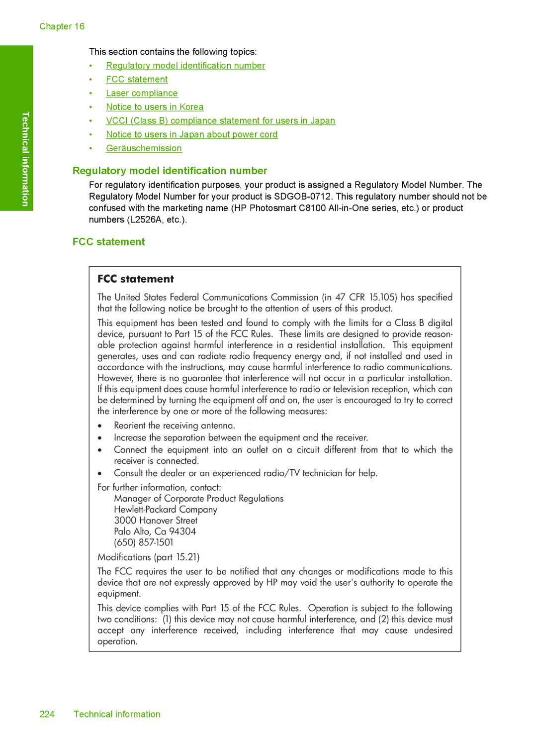 HP L2526A, C8100 manual Regulatory model identification number, FCC statement 