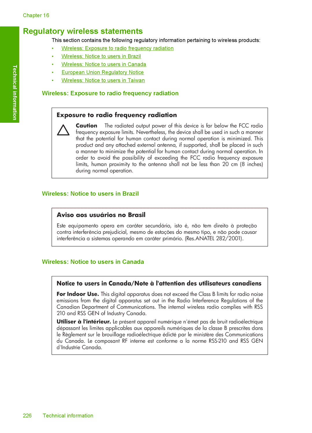 HP L2526A, C8100 manual Wireless Exposure to radio frequency radiation, Wireless Notice to users in Brazil 