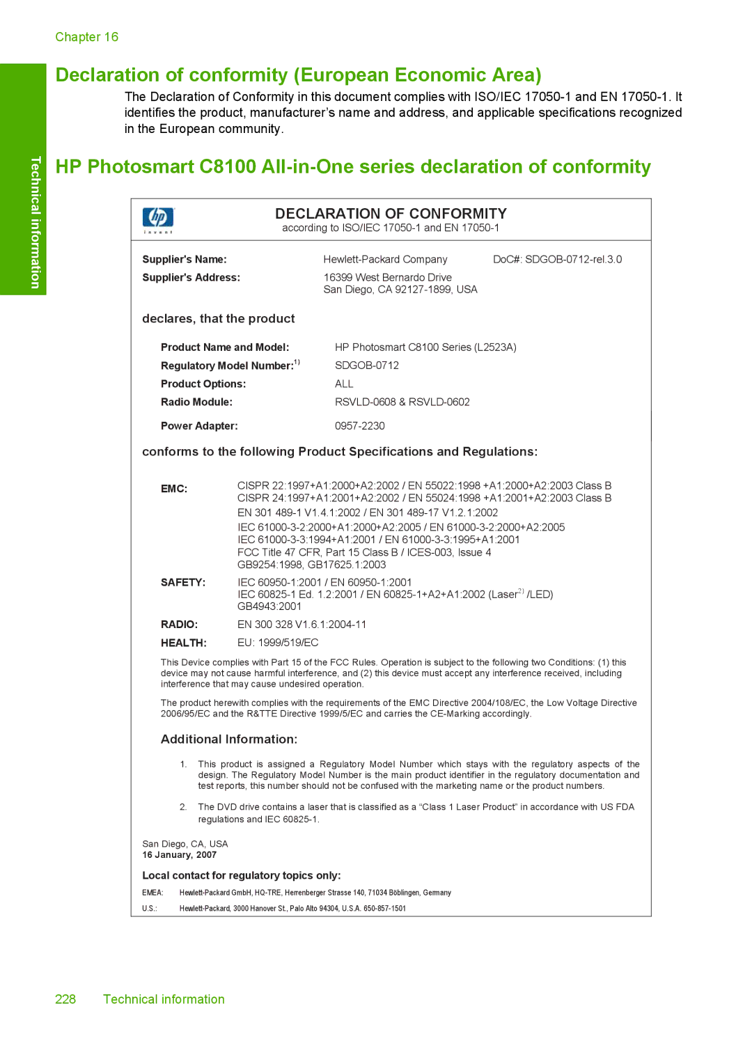 HP L2526A, C8100 manual Declaration of conformity European Economic Area 