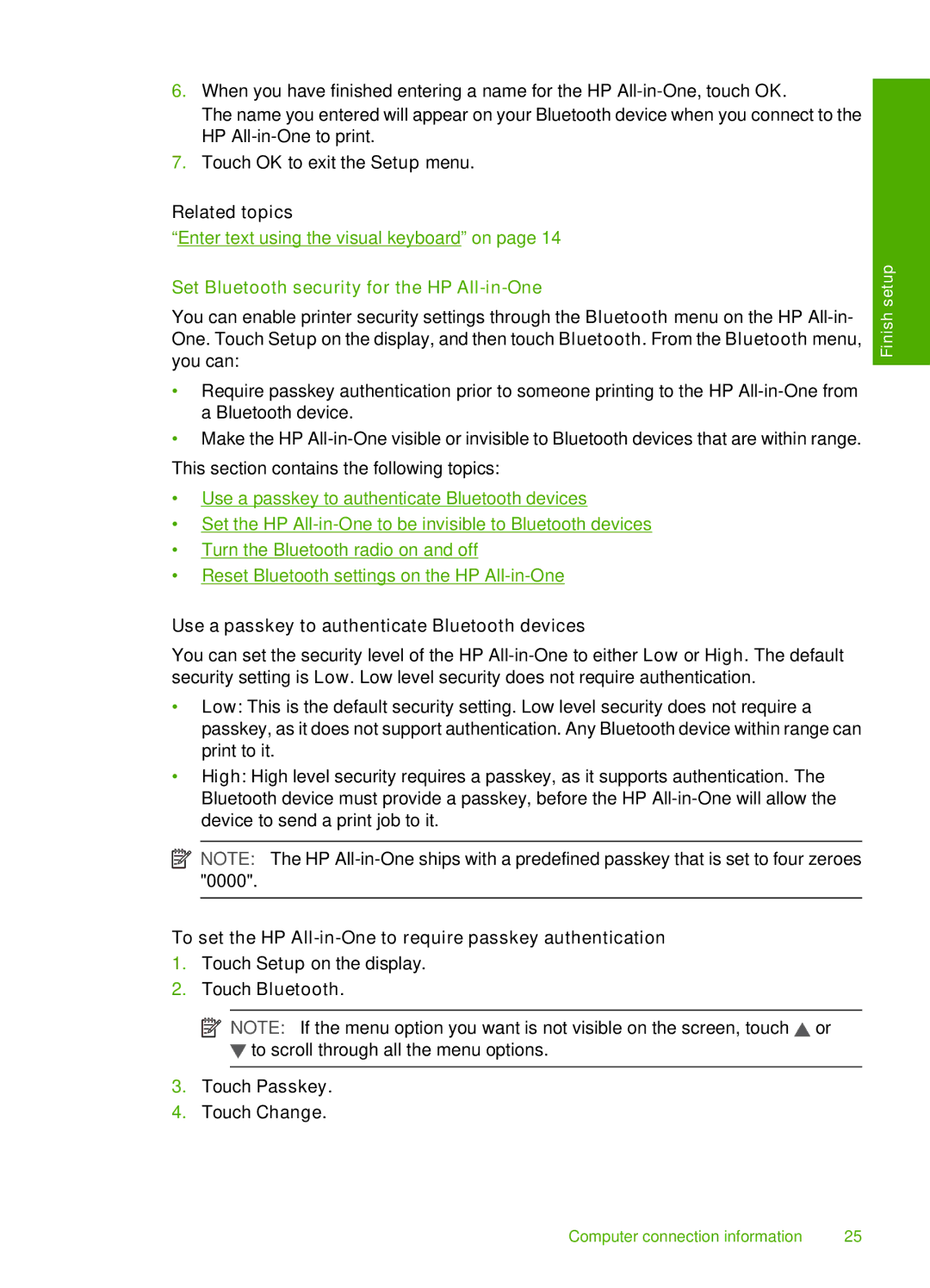 HP C8100 Related topics, Set Bluetooth security for the HP All-in-One, Use a passkey to authenticate Bluetooth devices 