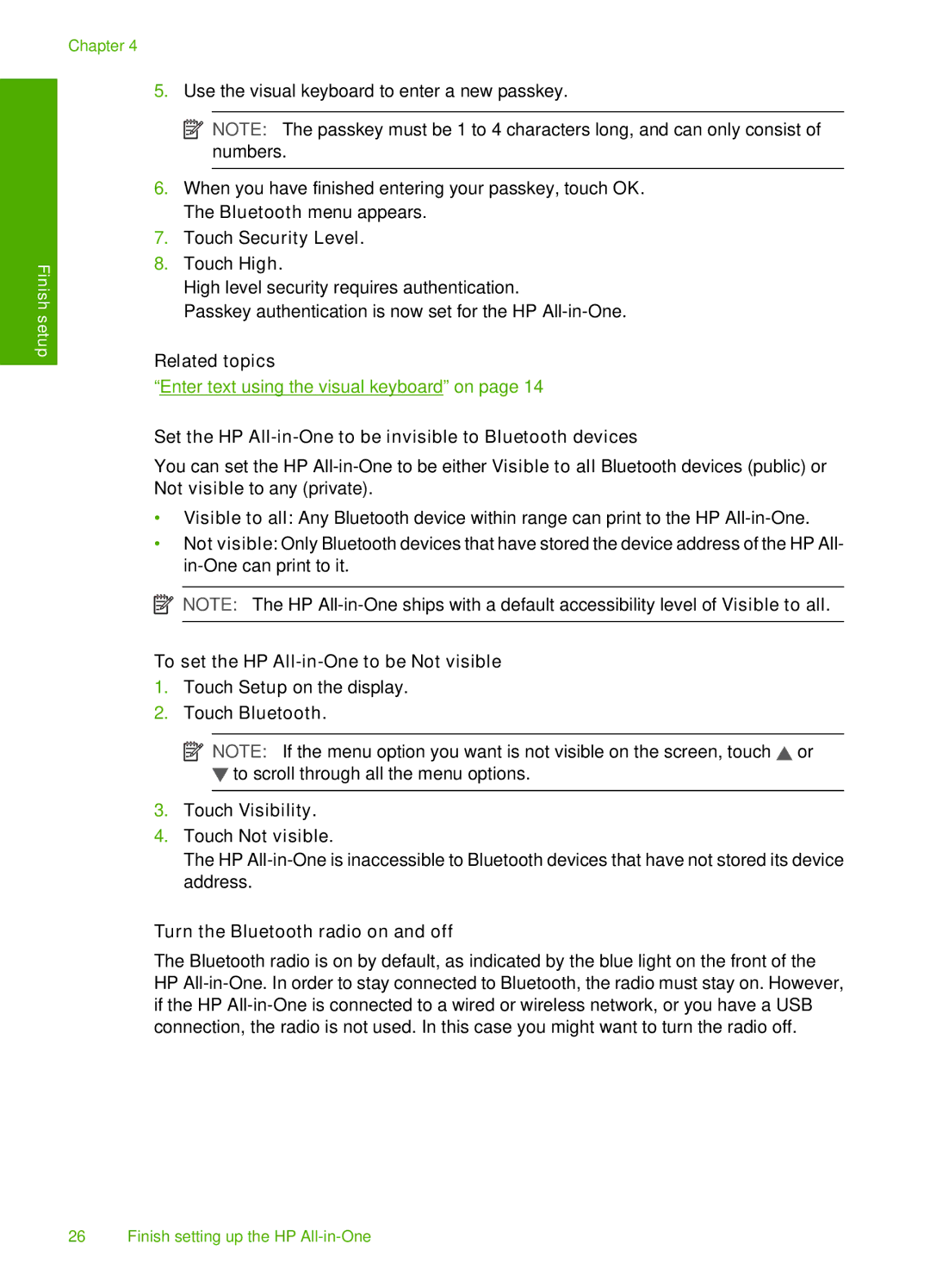 HP L2526A, C8100 manual Touch Security Level, Set the HP All-in-One to be invisible to Bluetooth devices 