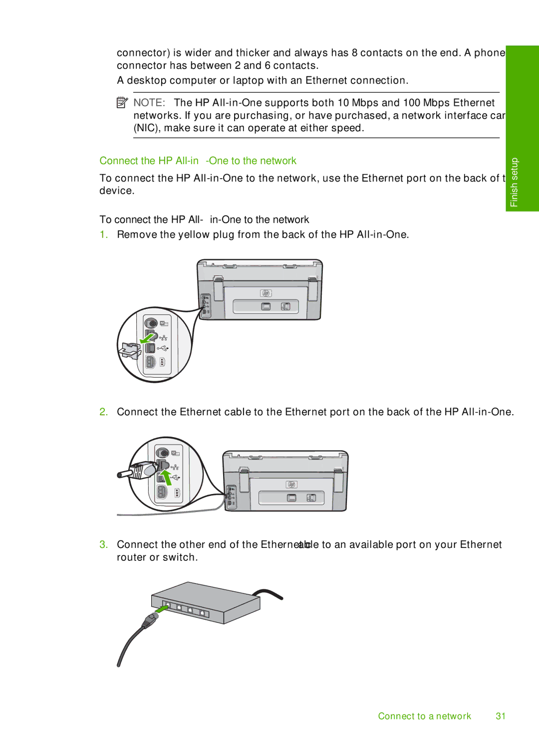 HP C8100, L2526A manual Connect the HP All-in-One to the network, To connect the HP All-in-One to the network 