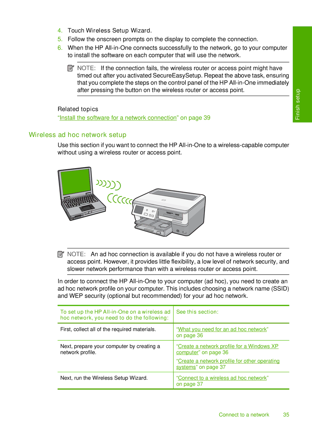HP C8100, L2526A manual Wireless ad hoc network setup, Touch Wireless Setup Wizard 