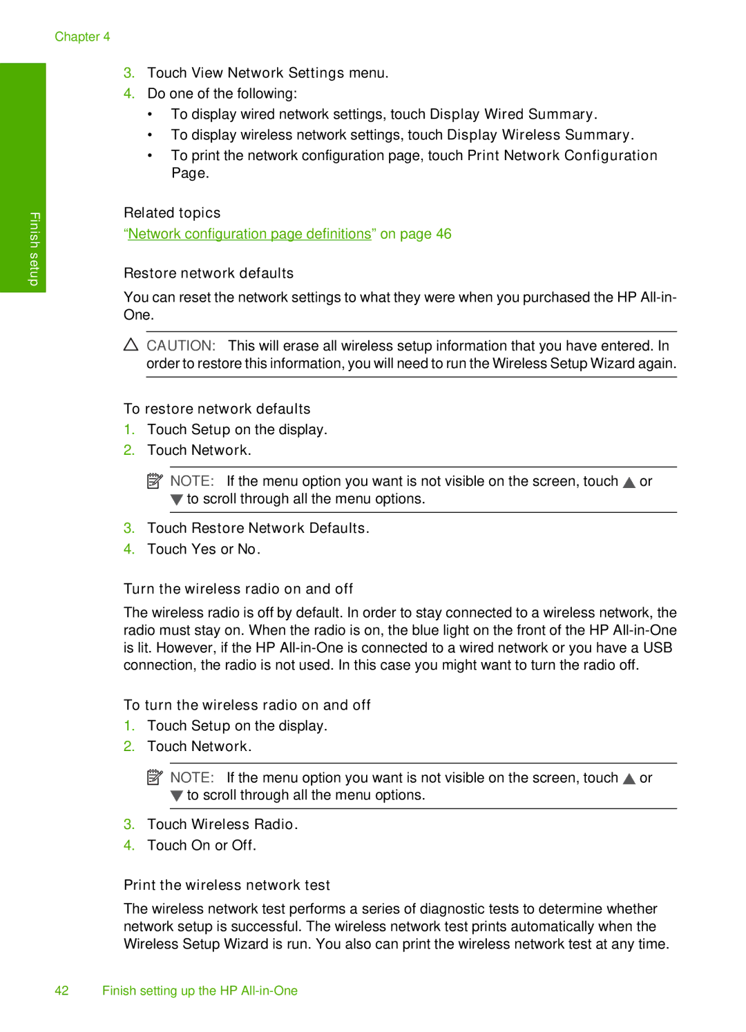 HP L2526A Touch View Network Settings menu, Restore network defaults, To restore network defaults, Touch Wireless Radio 