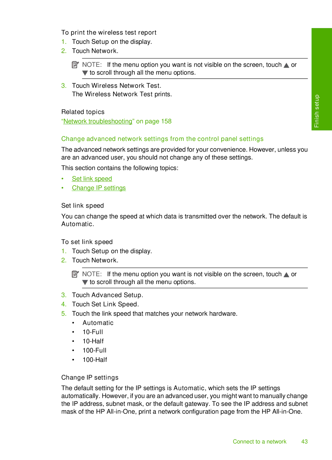 HP C8100 To print the wireless test report, Set link speed, To set link speed, Touch Advanced Setup Touch Set Link Speed 