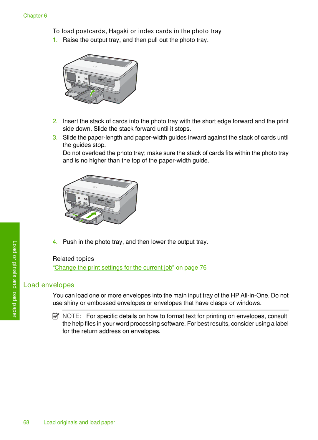 HP L2526A, C8100 manual Load envelopes, To load postcards, Hagaki or index cards in the photo tray 