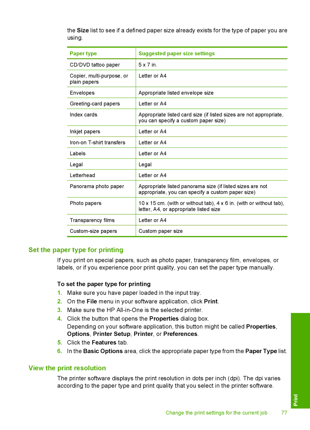 HP C8100, L2526A manual Set the paper type for printing, View the print resolution, To set the paper type for printing 