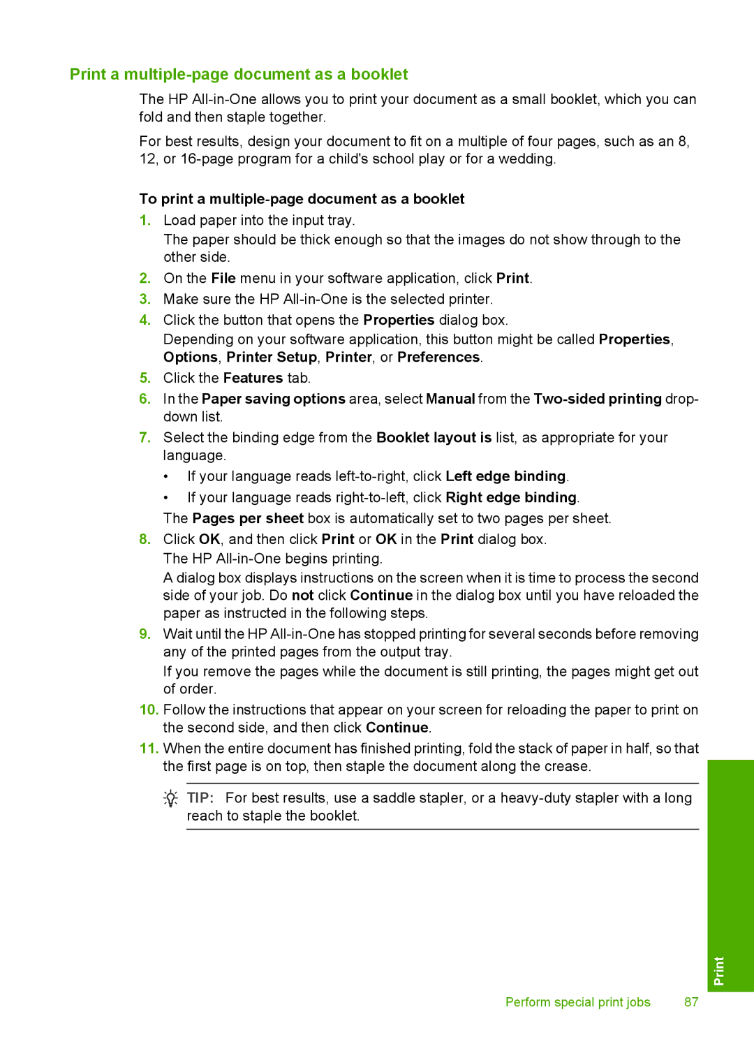 HP C8100, L2526A manual Print a multiple-page document as a booklet, To print a multiple-page document as a booklet 