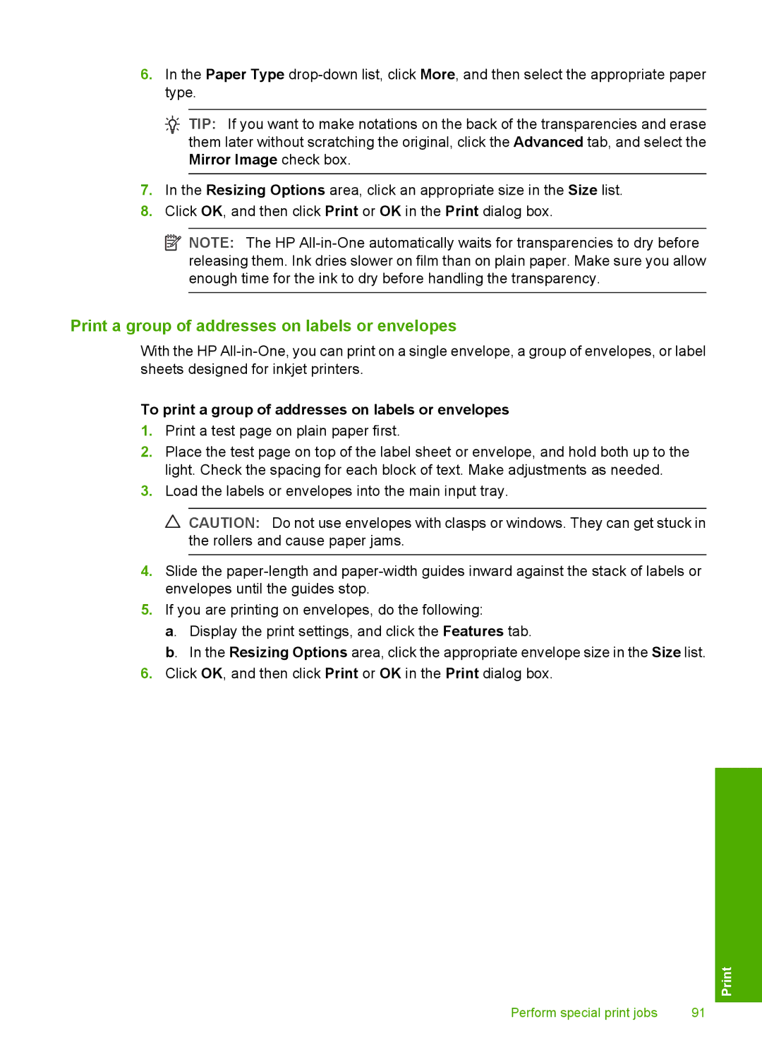 HP C8100, L2526A Print a group of addresses on labels or envelopes, To print a group of addresses on labels or envelopes 