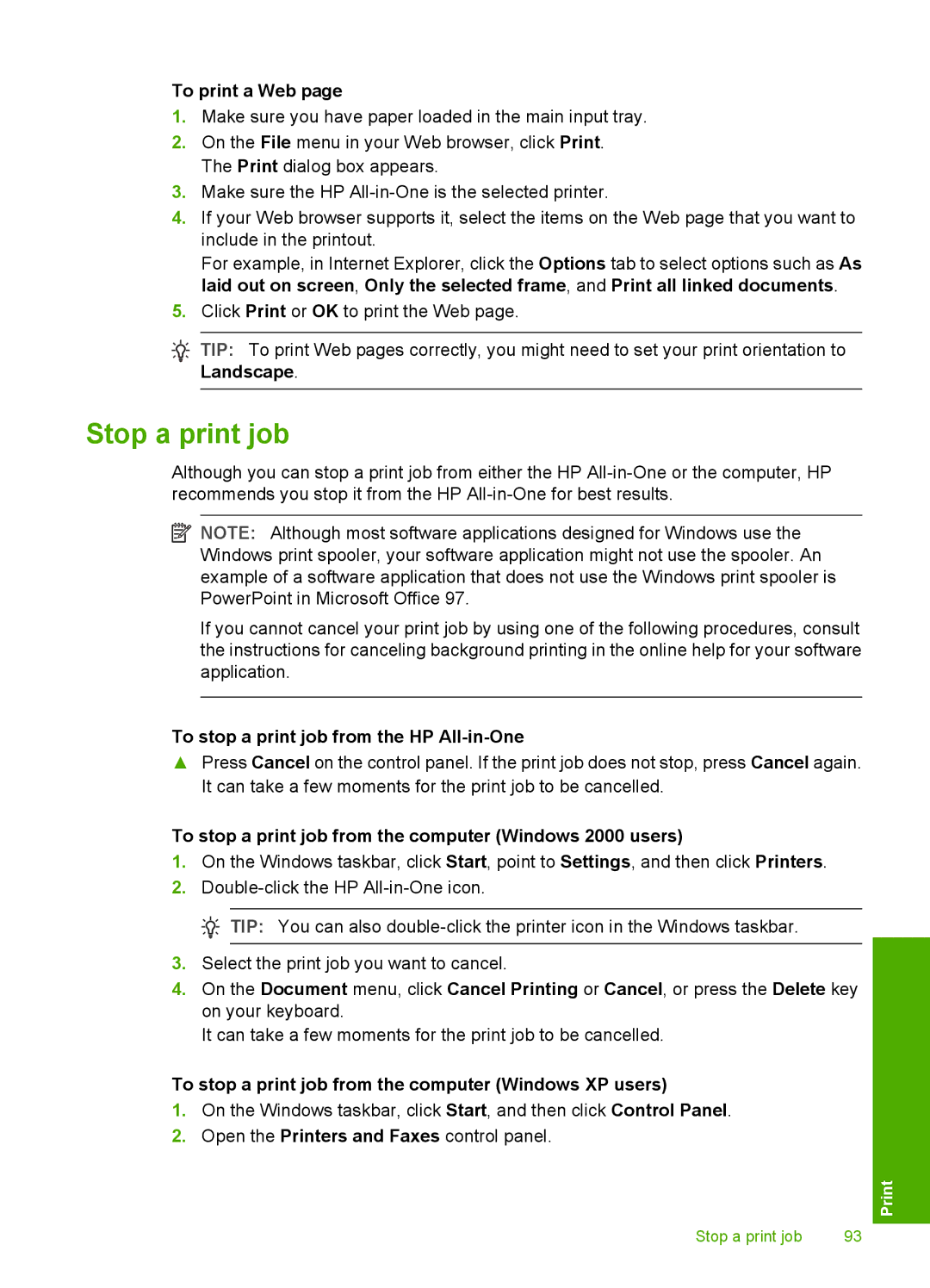 HP C8100, L2526A manual Stop a print job, To print a Web, To stop a print job from the HP All-in-One 